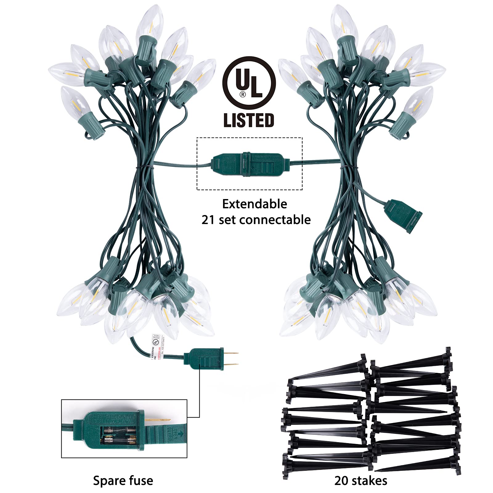 Brightown C9 Christmas String Lights - 20 LED Warm White Waterproof Pathway Lights, 25.7 Feet, Model GY-C-50.6-U-B1