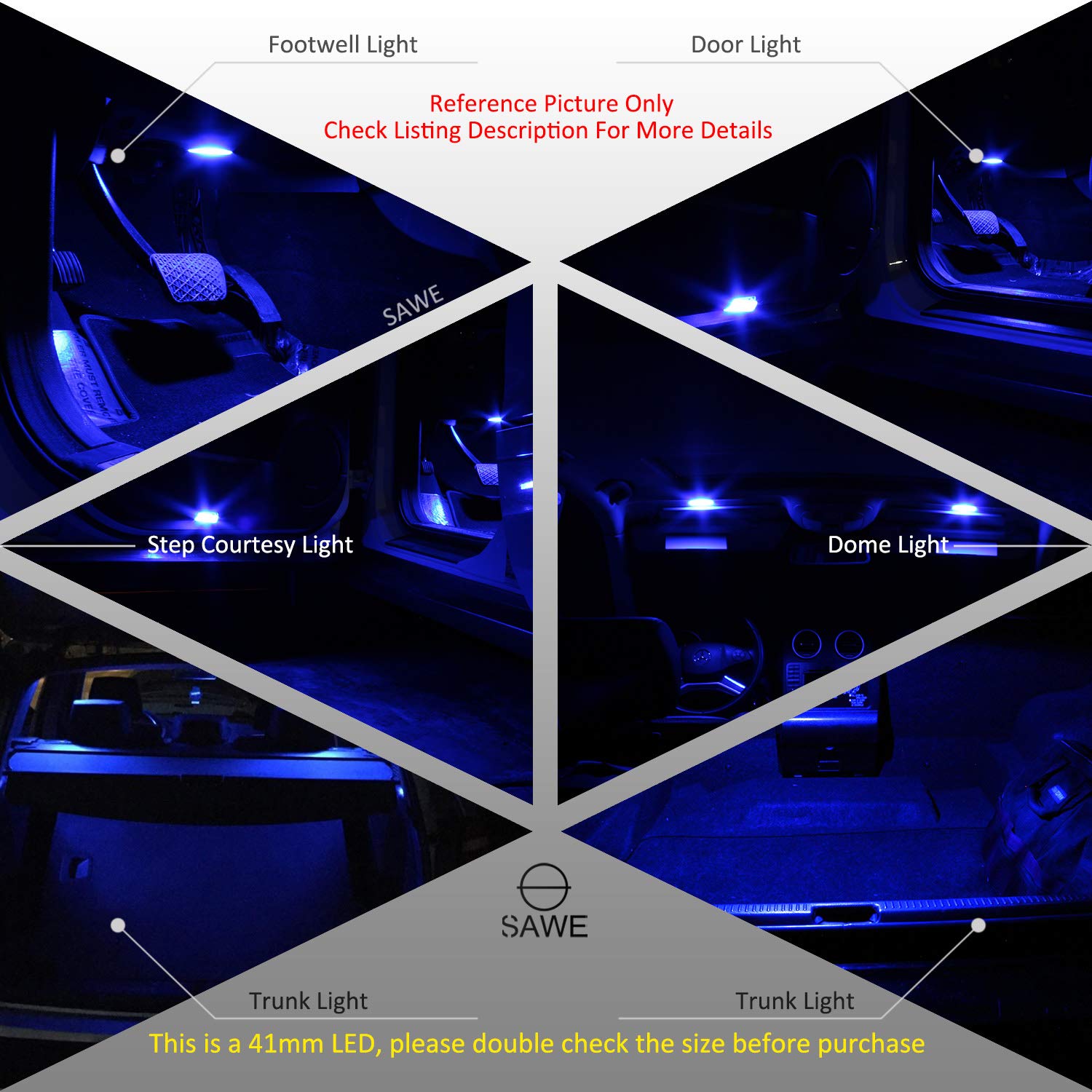 SAWE 6-SMD 5050 Festoon LED Bulbs for Dome Map Light, 42mm, Blue, Pack of 8