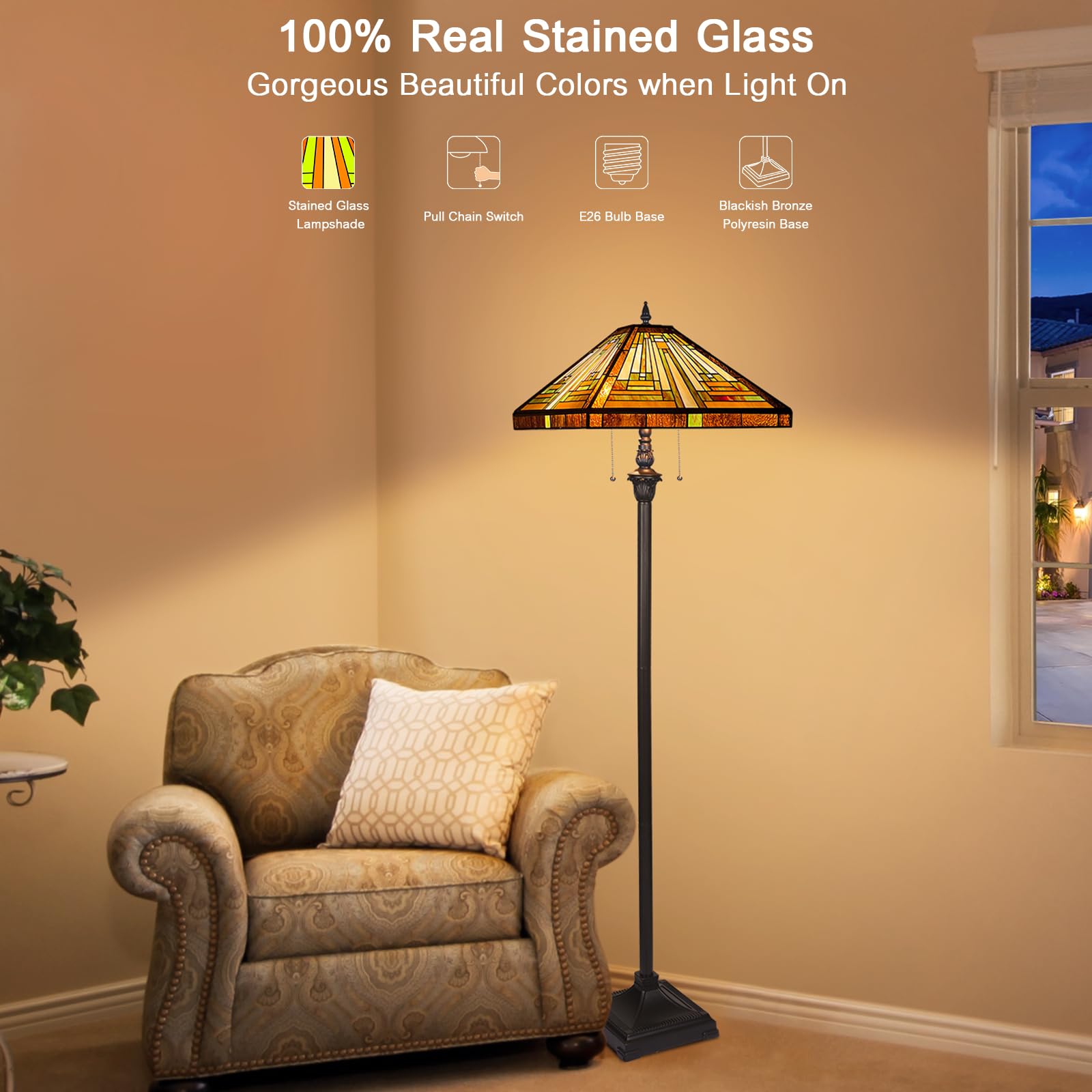 Capulina Tiffany Lamp 2-Light Stained Glass Floor Lamp 63" Amber Brown Mission Style for Living Room Bedroom Office CL188801FL