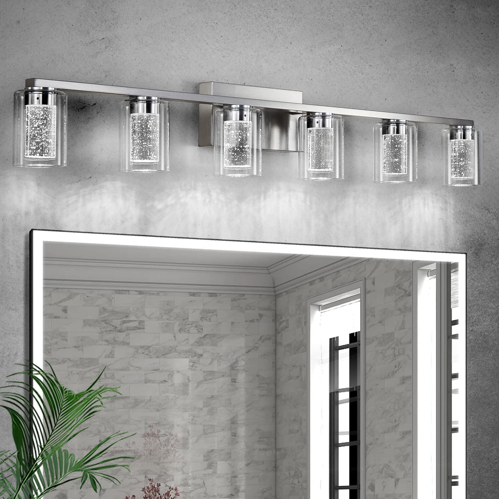 6 Light Bathroom Light Fixtures, Brushed Nickel Bathroom Vanity Light, Crystal Bubble Glass With Dimmable 3-Color (White/Neutral/Warm), Led Bathroom Wall Sconce For Bathroom Hallway Living Room