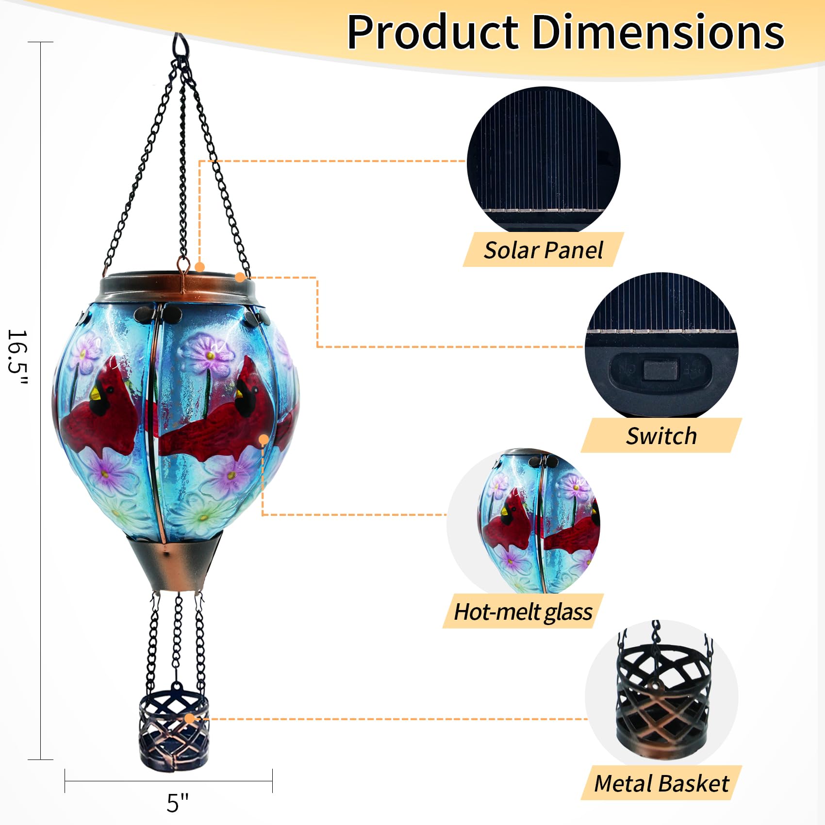 teyigarden Solar Lantern Glass Hot Air Balloon Flickering Light Waterproof Cardinal