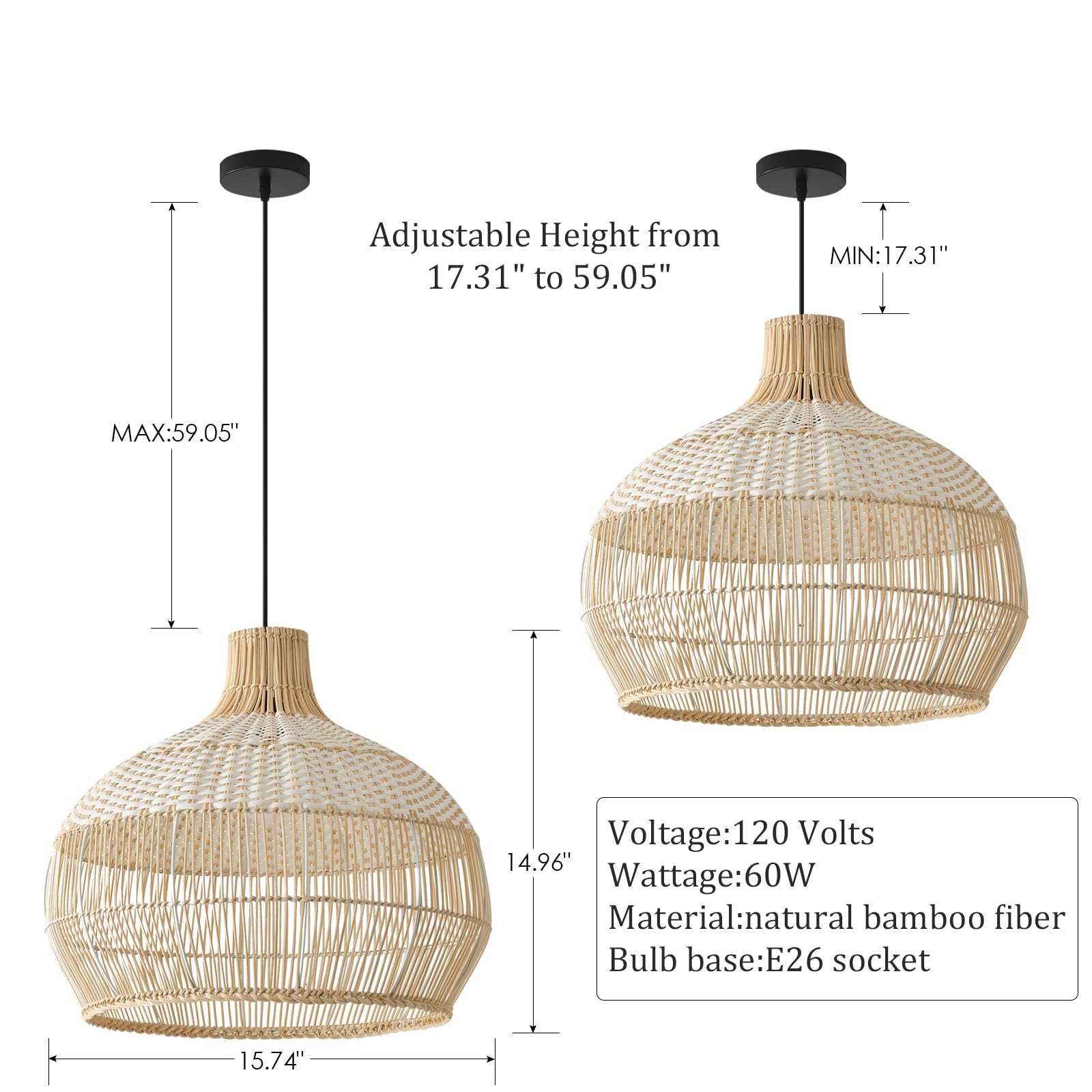 Teru Ji Kaikang 15" Rattan Pendant Light Fixture, Hand-Woven White Wicker Chandelier for Dining, Living Room, Kitchen