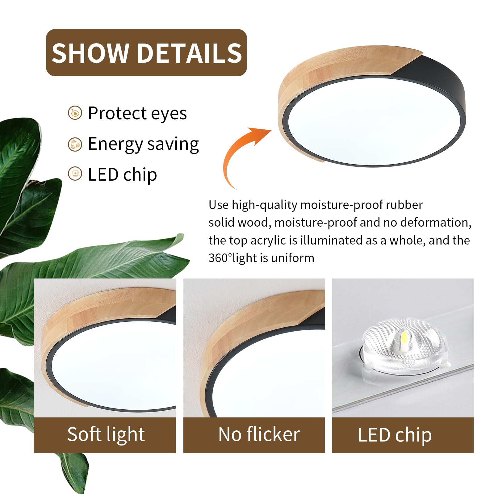 Lufun Led Ceiling Lights,12 Inch Black Modern Flush Mount Lighting Fixture,Round Shaped Wood Ceiling Lighting,30W,6500K Cool Whi