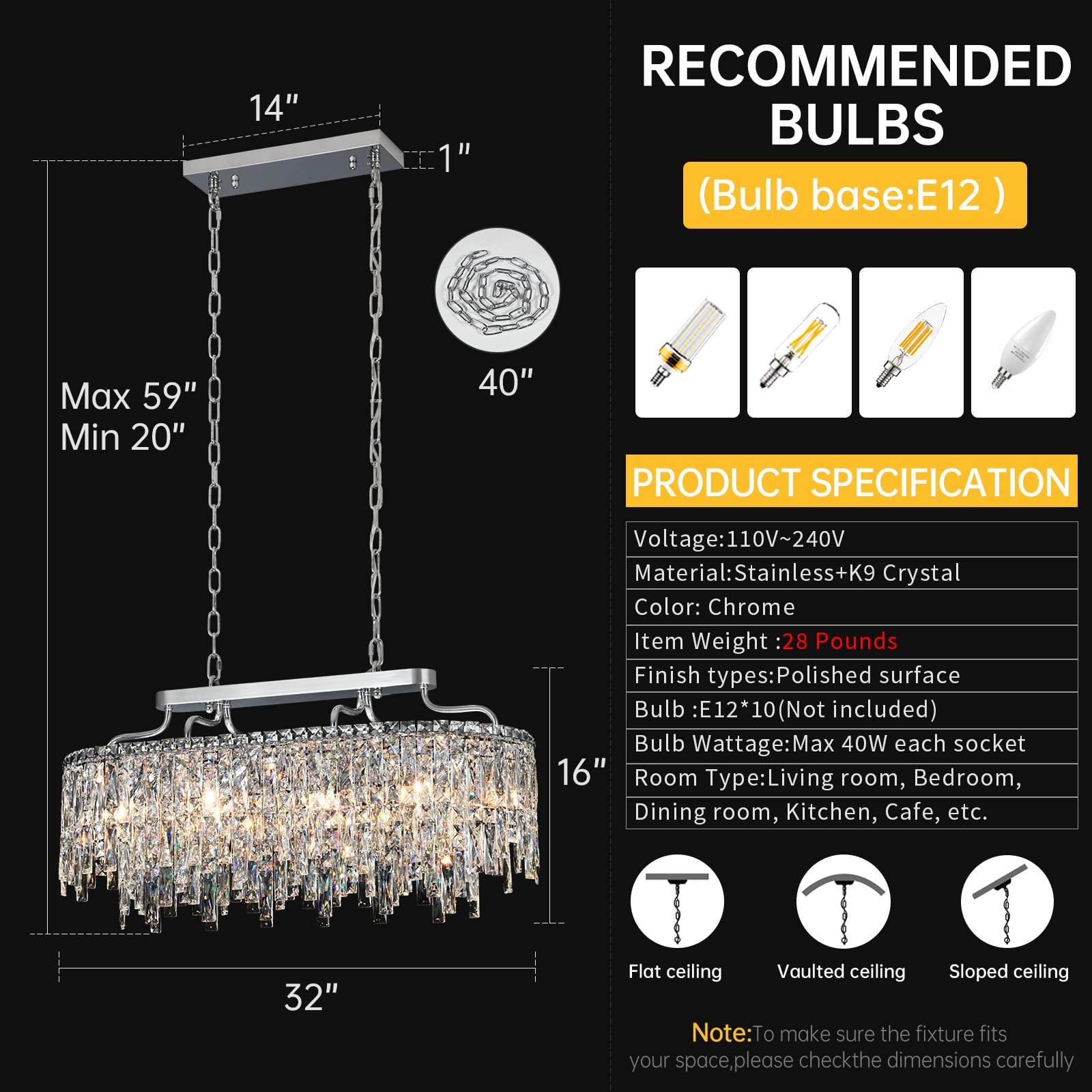 Nisidun 10 Light Crystal Chandelier | Chrome Oval-Shaped Crystal Chandeliers For Dining Room Light Fixture  32 Modern Ceiling Lighting Fixture For Dining Room Kitchen Island Bar