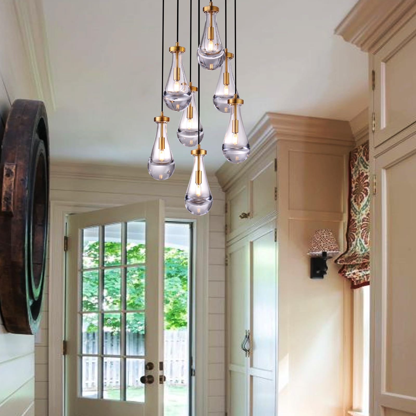 Joyunleo 7 Light Raindrop Chandeliers  Brass Teardrop Cluster Pendant Lights Kitchen Island  Gold Dining Room Chandeliers Over Table Hanging Pendant Lighting For High Ceiling  Entryway Staircase