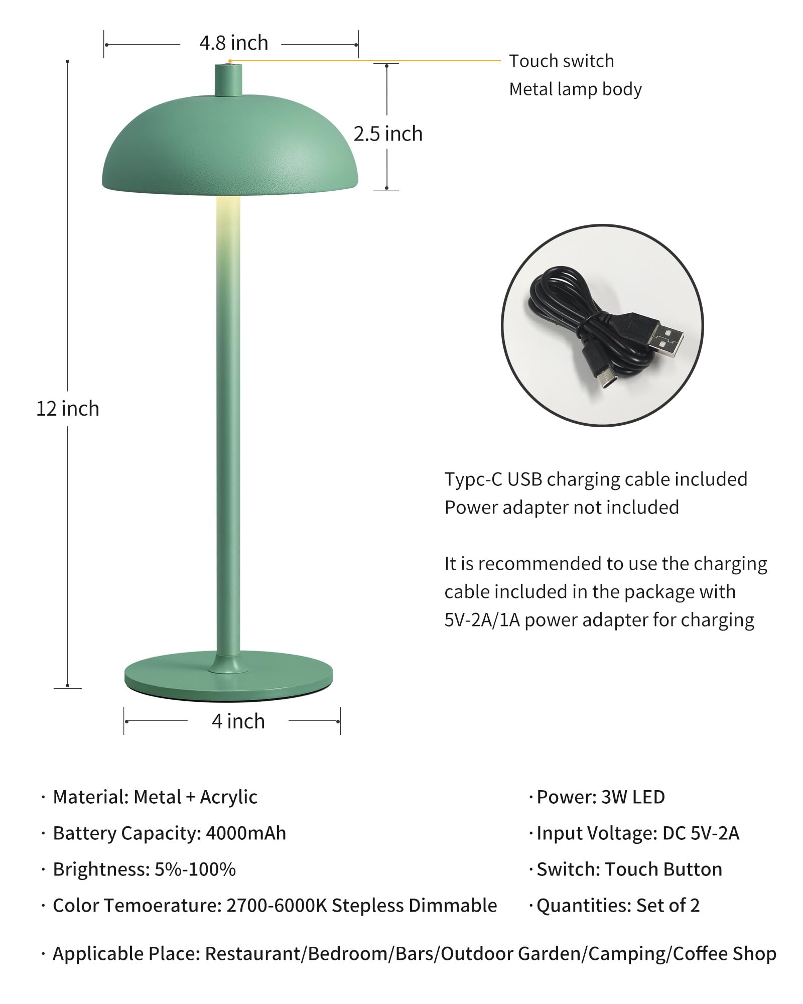 Newsee Cordless Led 12'' Small Table Lamps Set Of 2, Portable Waterproof Desk Lamp, 3 Color Dimming Rechargeable Battery Lights,