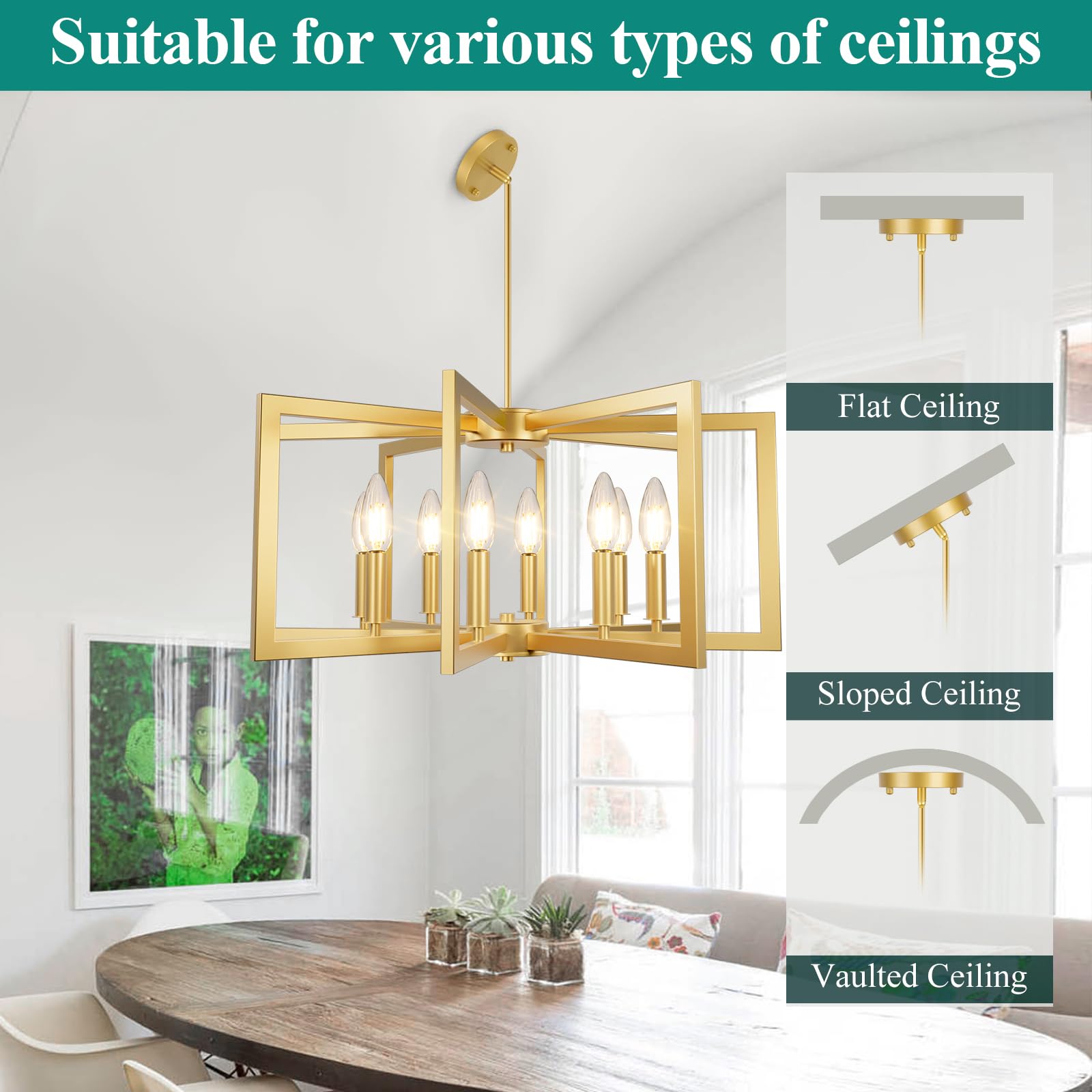 Bairth 8-Light Gold Chandelier, Farmhouse Dining Room Light Fixture, Modern Chandelier, Geometric Industrial Metal Hang Lighting