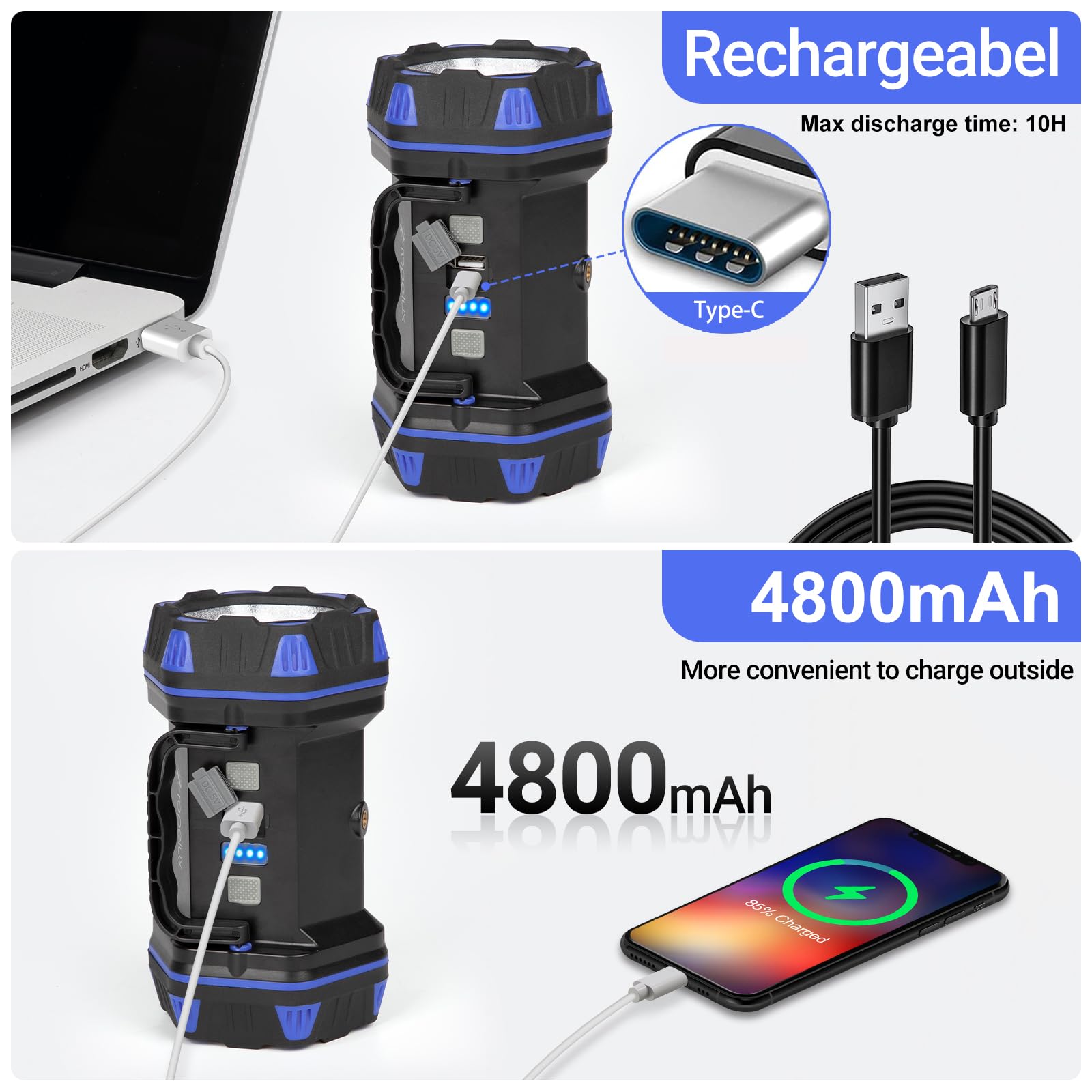 Ropelux 1500Lm Rechargeable Led Camping Lantern, 8 Modes, Portable Blue Flashlight 2-Pack