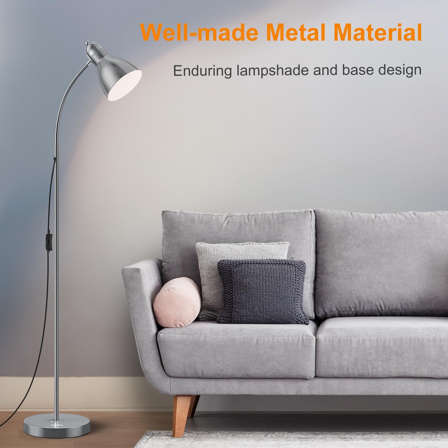LEPOWER Metal Floor Lamp - Adjustable Gooseneck, Heavy Base, Silver - Model UF2012 for Office, Bedroom, Living Room Reading