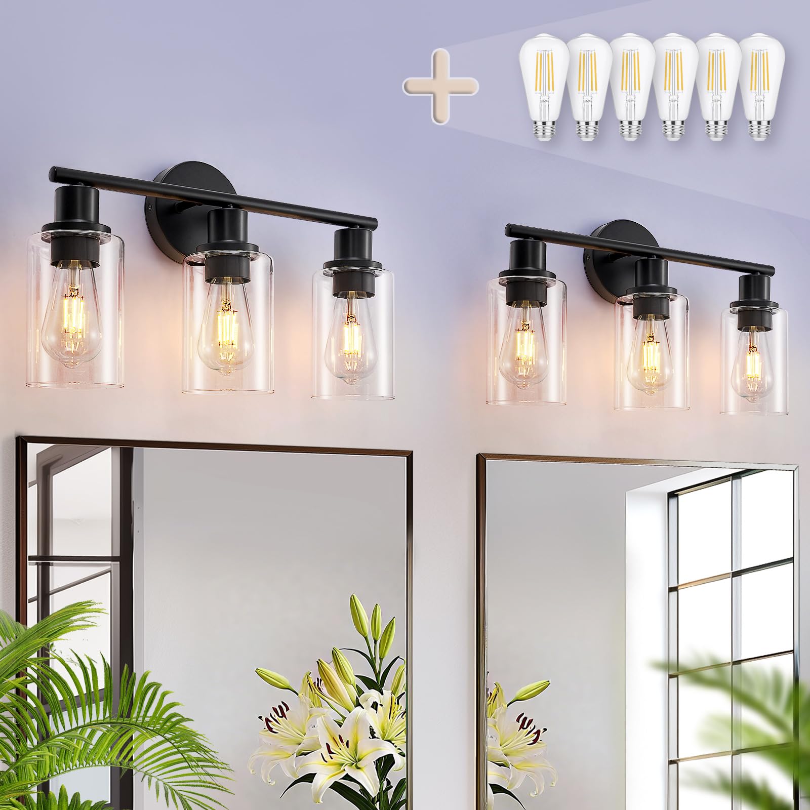 DINGLILIGHTING DLLT 3-Light Bathroom Light Fixtures - Matte Black Metal with Clear Glass Shade - 2 Packs