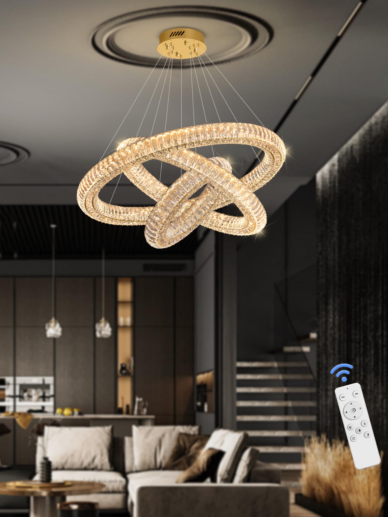 IDEQUY Gold Crystal Chandeliers - 3 Rings, Dimmable LED, 128'' Long for High Ceilings, Model CF8022-6810J