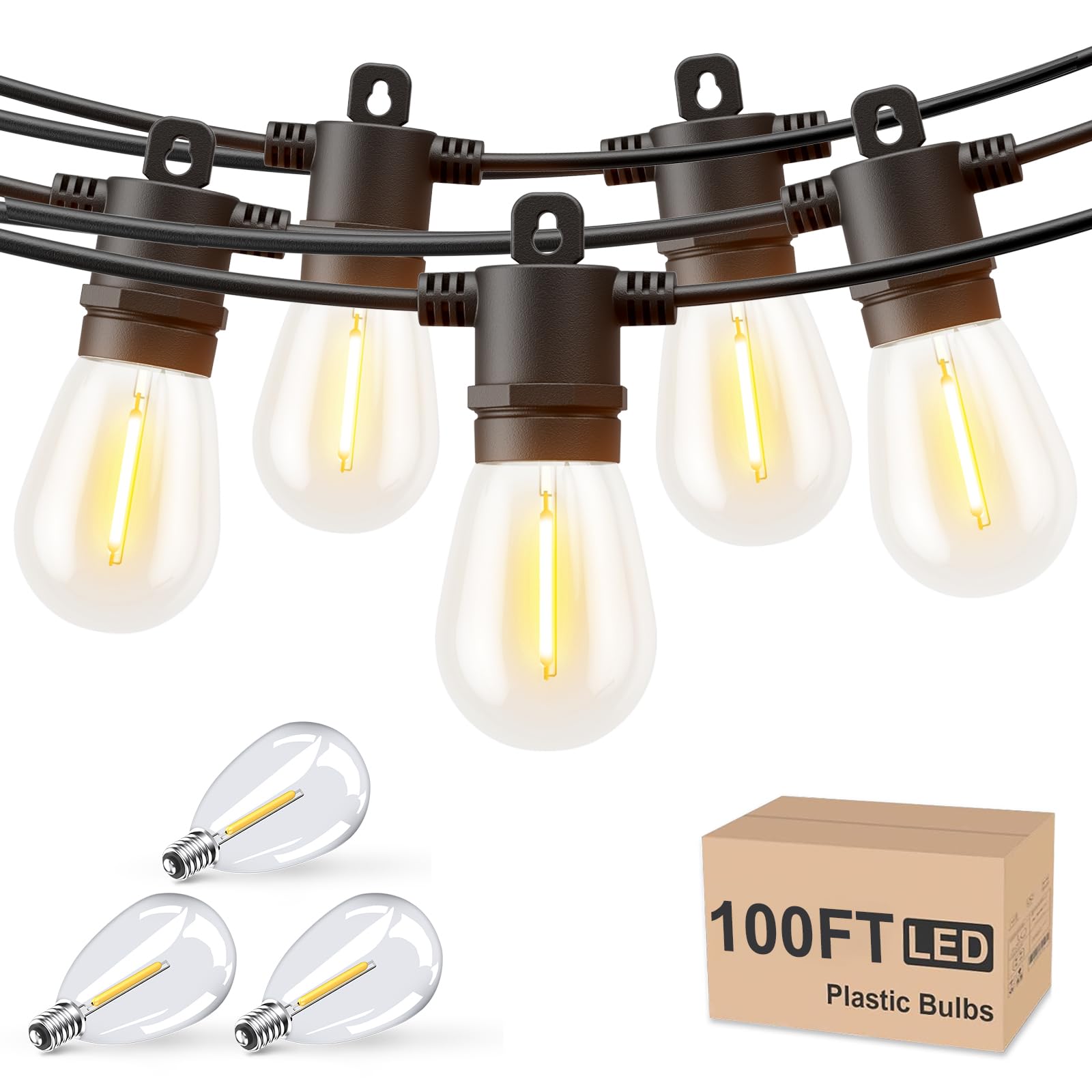 Svater Outdoor String Lights, 100FT Waterproof LED Patio Lights, Shatterproof S14 Bulbs, Warm White, Model IL-E12-1810030