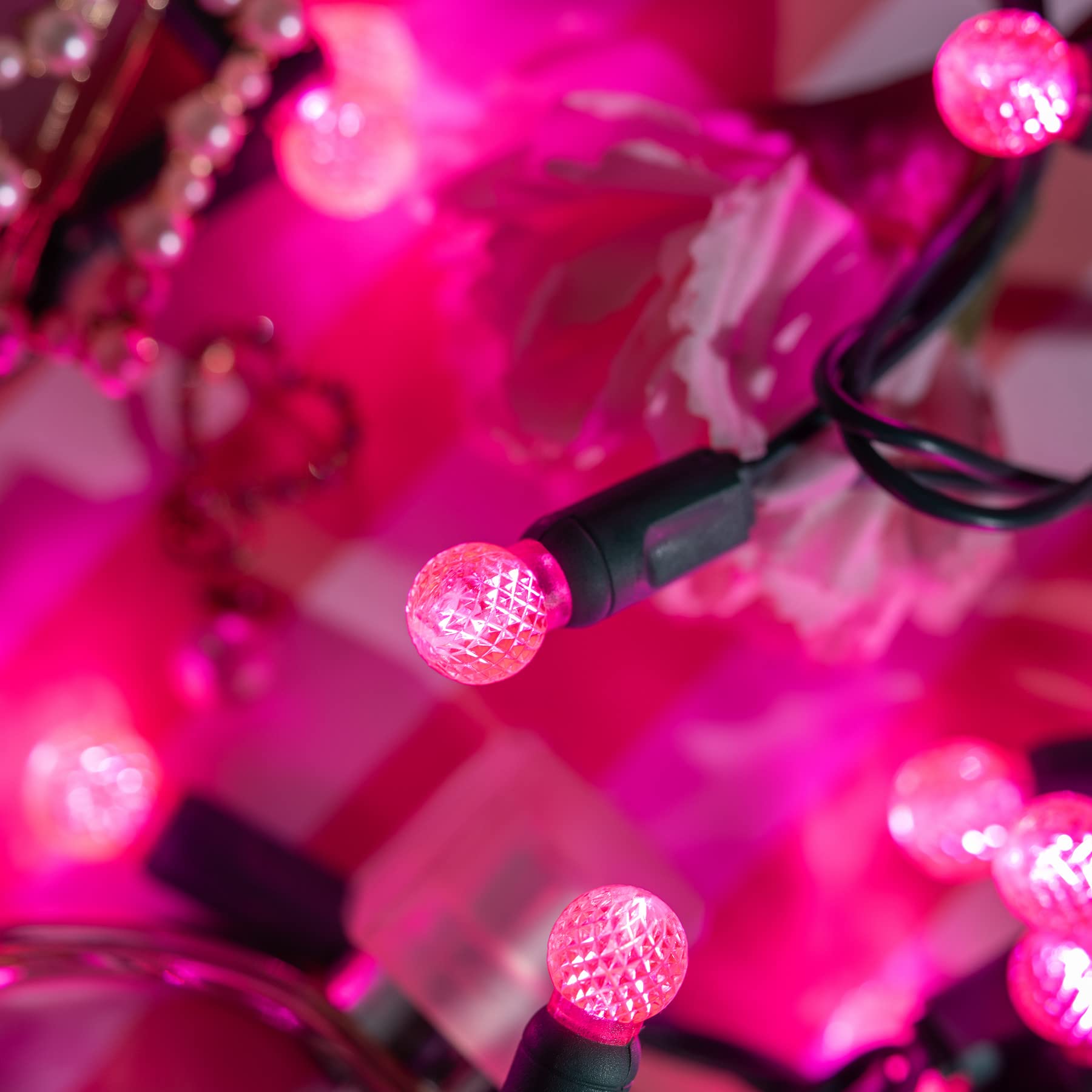 Yuletime Pink One-Piece G12 Led Christmas Lights, Total 48 Feet 140 Count 2 Strands 24Ft 70Ct Waterproof Raspberry String Light