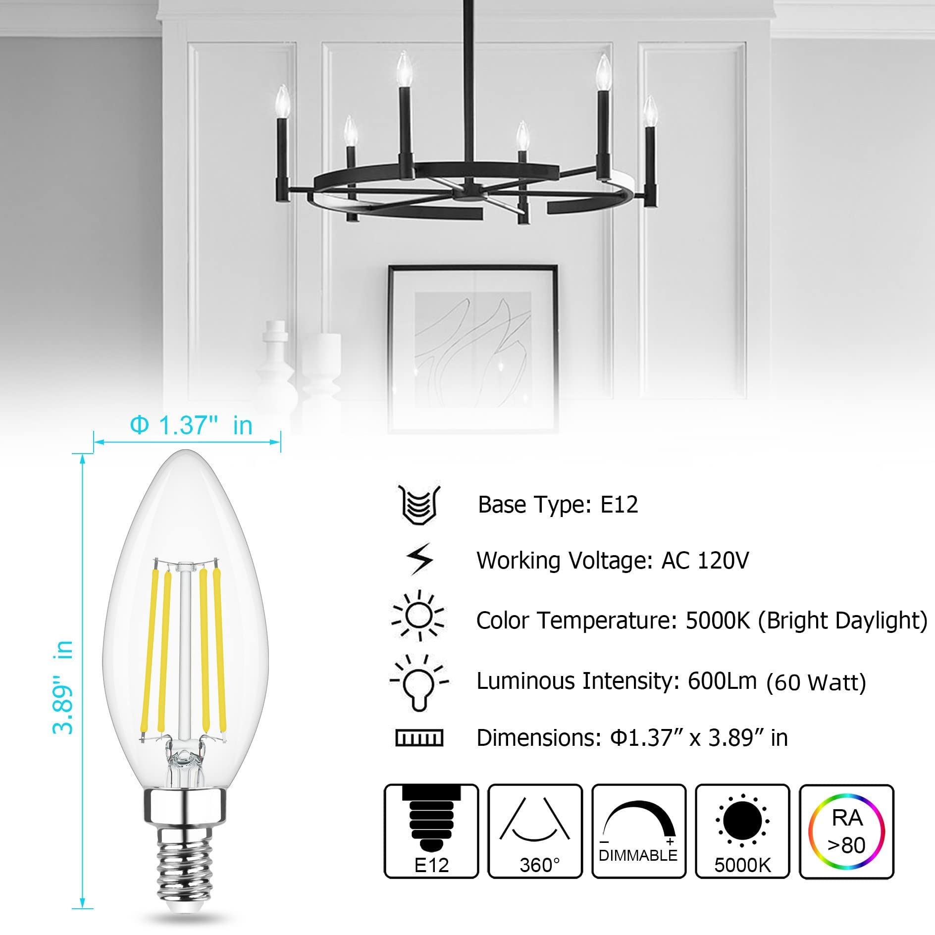 Cotanic Dimmable Led Candelabra Bulb With E12 Small Base, C35 Ceiling Fan Light Bulbs, 5000K, 4W, 60W Equivalent, 600Lm, 8 Pack, Vintage Candle Lightbulb For Chandelier, Sconce, Porch Lights