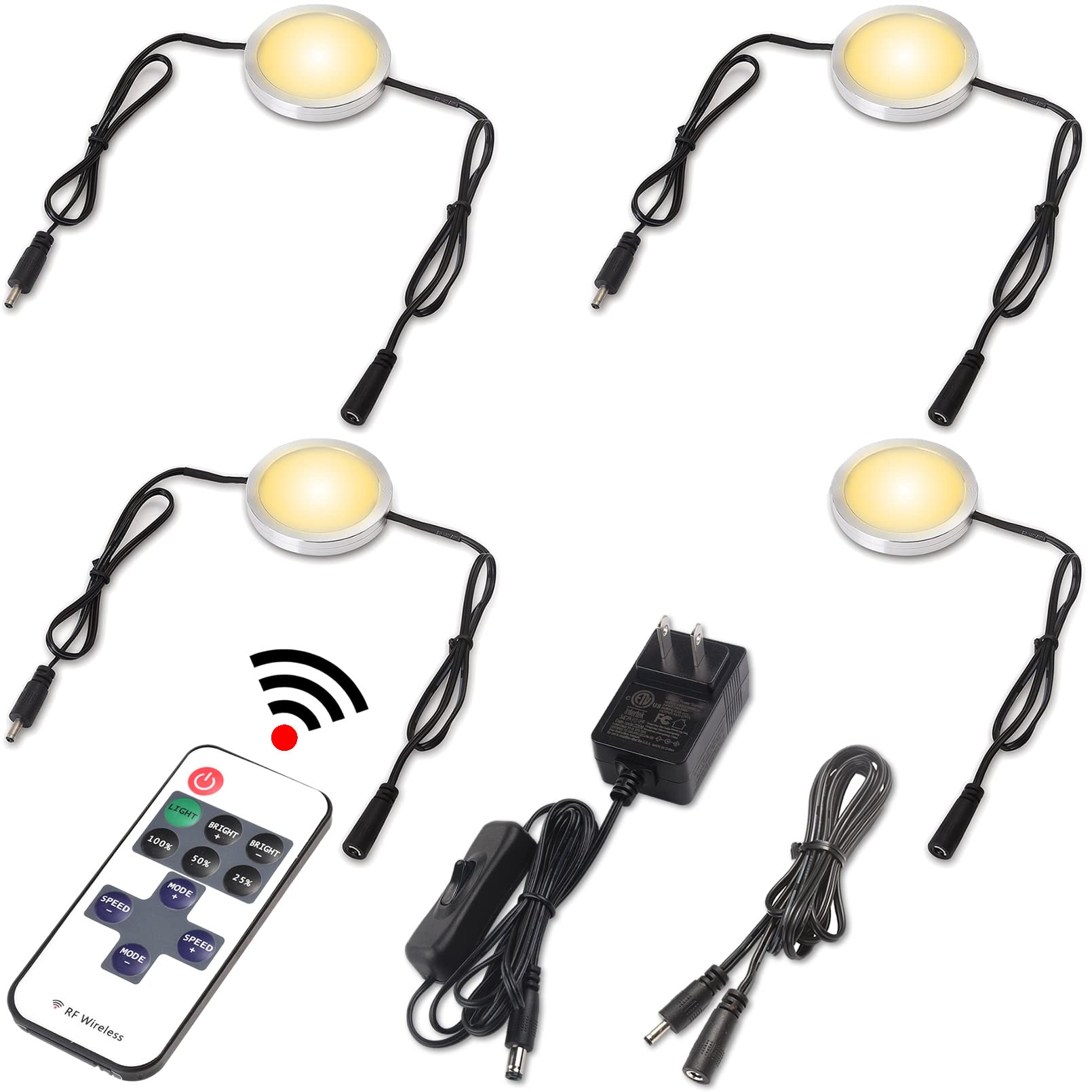 Lvyinyin Glass Display Cabinet Light Set, Round LED Puck Lights of Dia 2.4'', 110V US Standard Plugged in, RF Remote Dimmable, D