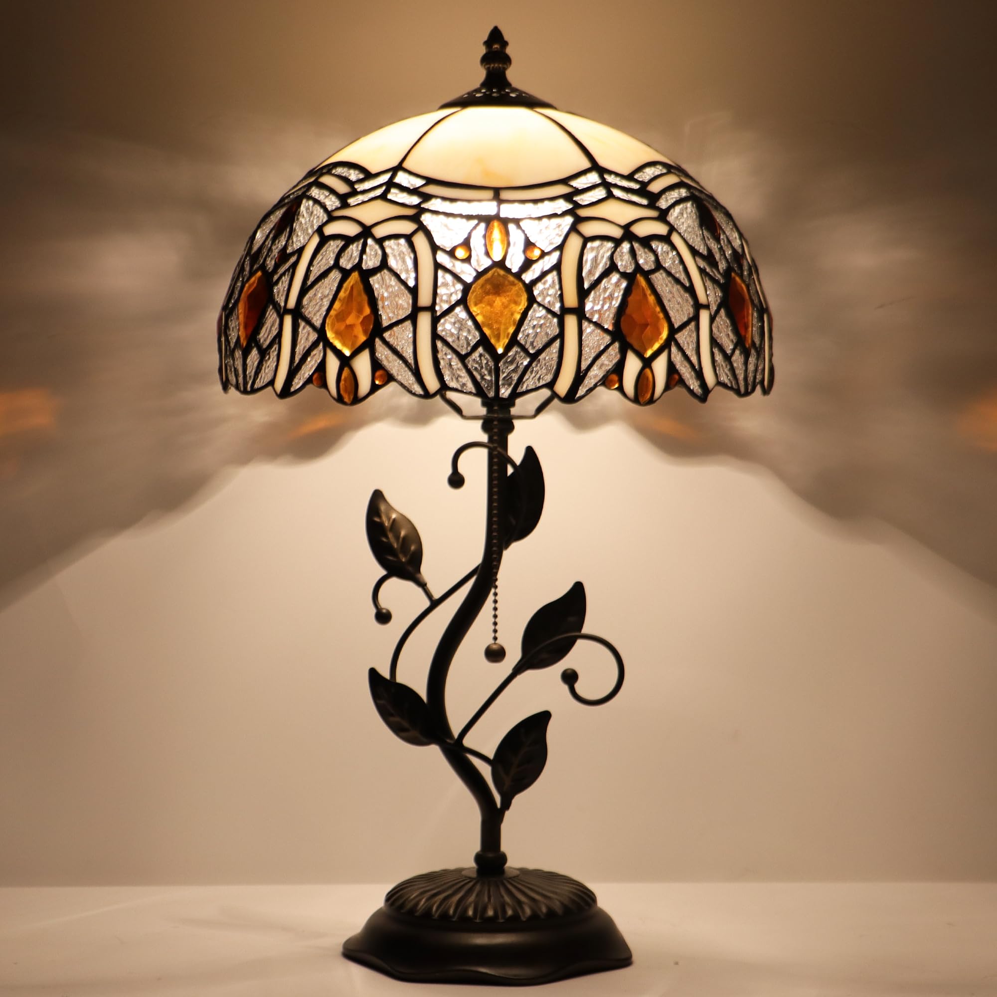 HZYFFYU Tiffany Table Lamp Stained Glass Desk Lamp Metal Leaf Base Reading Light 12X19 Inch (Crystal Style)