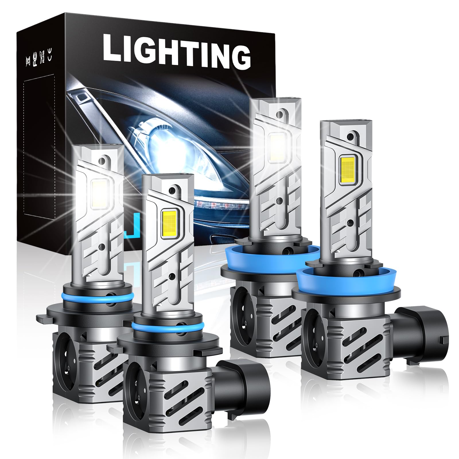 RCJ Fog Light Bulbs Combo, 35000LM, 6000K Cool White, 9005/HB3 H11/H8/H9, Pack of 4