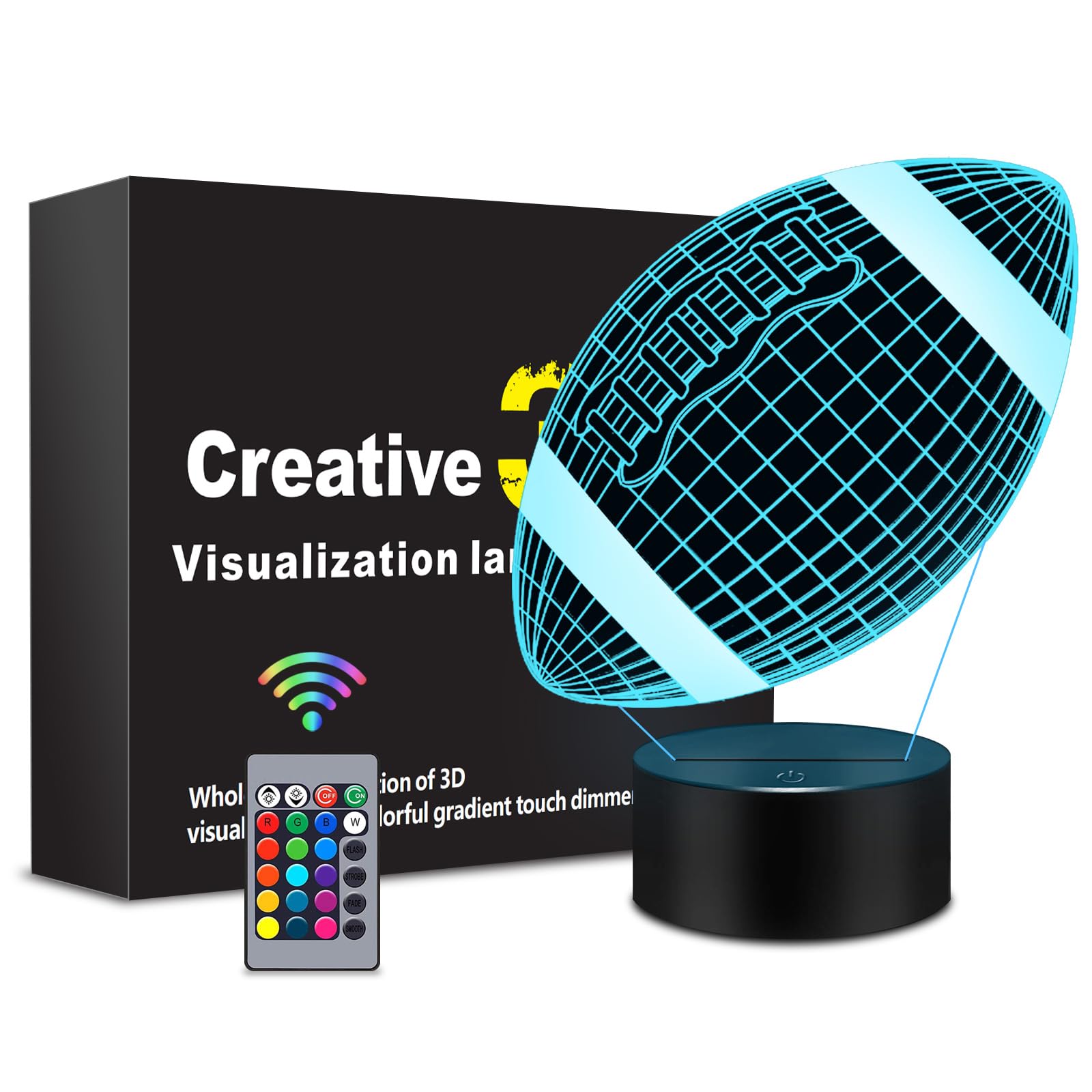 MENOMINO Football Gift 3D Night Light, 16 Colors Changes Remote Control 3D Night Lamp, LED Motorcycle Room Decor, Rugby Toys, Bi