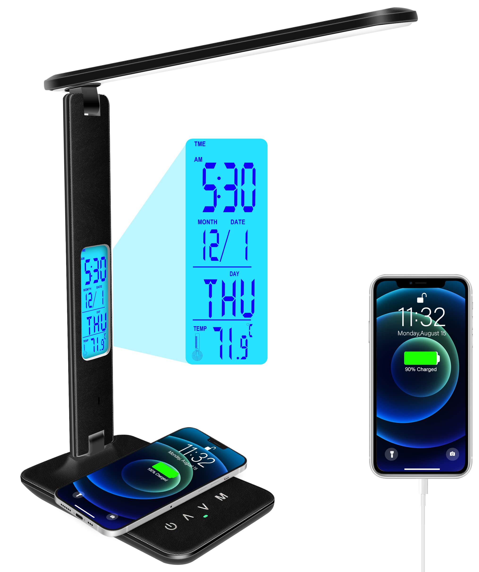 snsok Desk Lamp with Wireless Charger, USB Port, Dimmable, Clock, Alarm, Temperature, Foldable, Black, Model TX26C