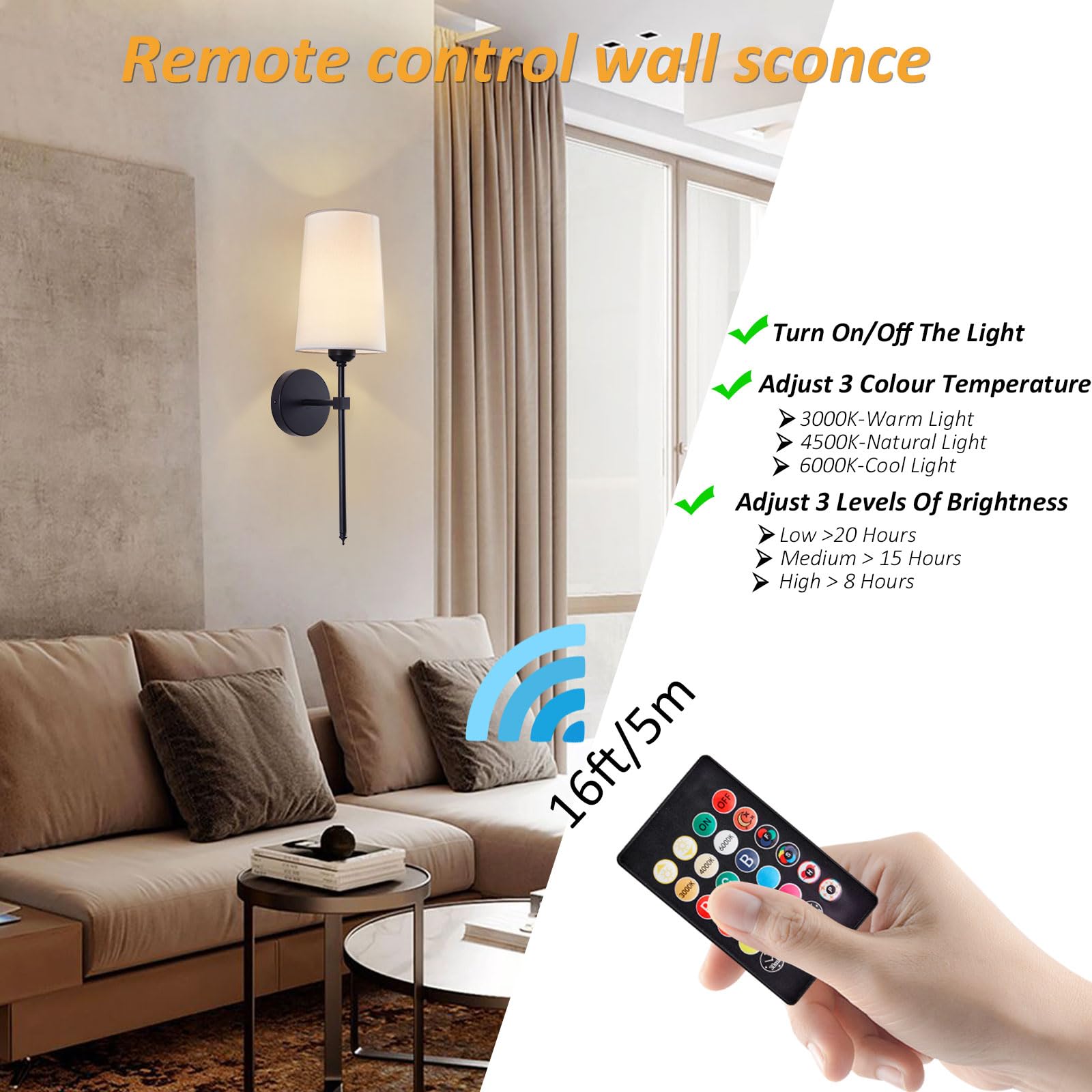 CCKZQYR Battery Operated Wall Sconces, Black, Rechargeable with Remote Control, Dimmable, Set of 2, Ideal for Bedroom and Living Room