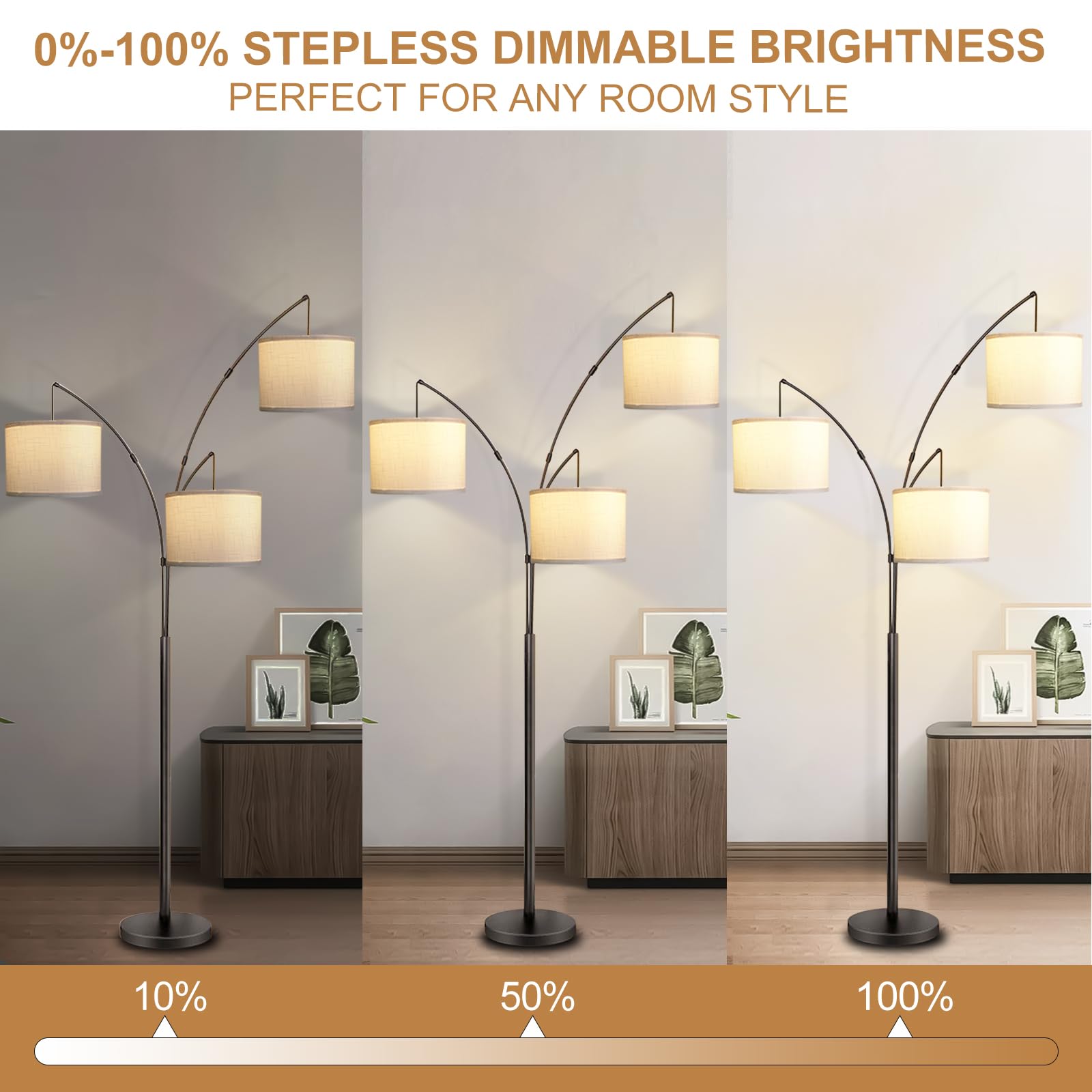 Arc Floor Lamp For Living Room With Remote Control, Dimmable Modern Mid Century 3 Lights Arched Tall Floor Lamp, Adjustable Stan