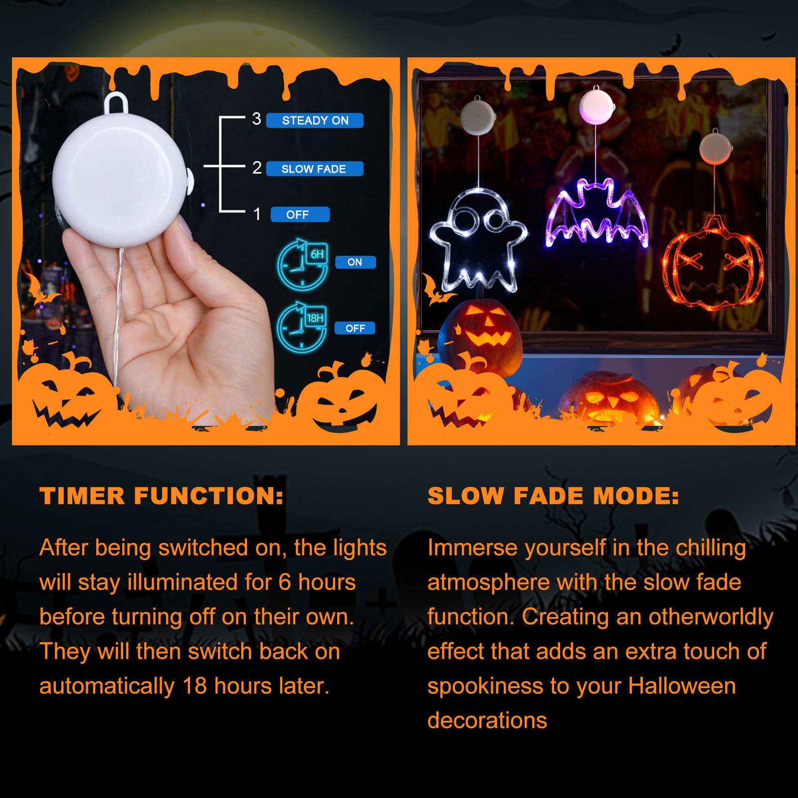 LOLStar Halloween Window Lights Pack - Battery Operated Orange Pumpkin, White Ghost, Purple Bat with Suction Cup, Slow Fade Mode