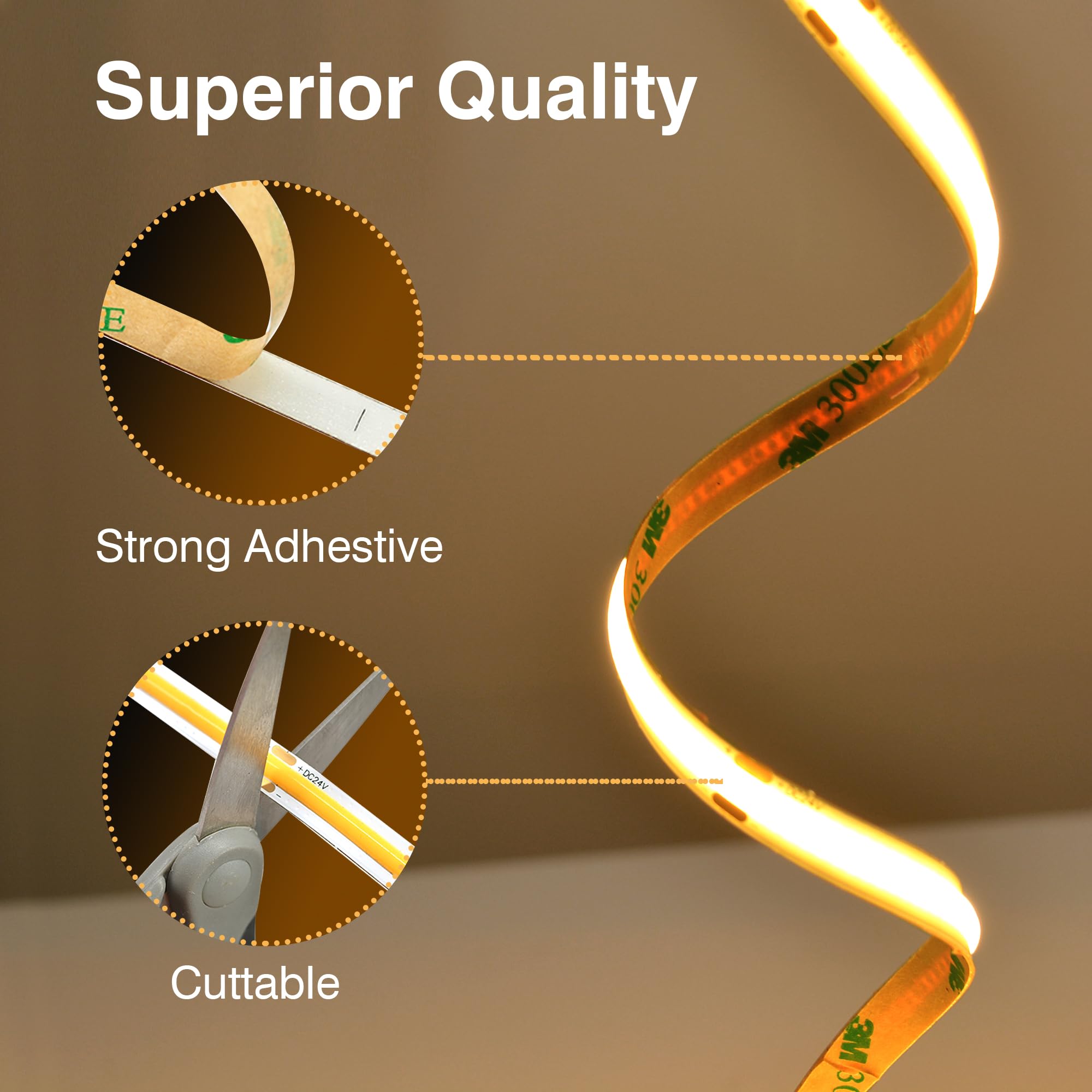 Pandery COB LED Strip Lights, 32.8FT Dimmable, 2700K Warm White, Flexible FPC Material, Model PD-COB-24V