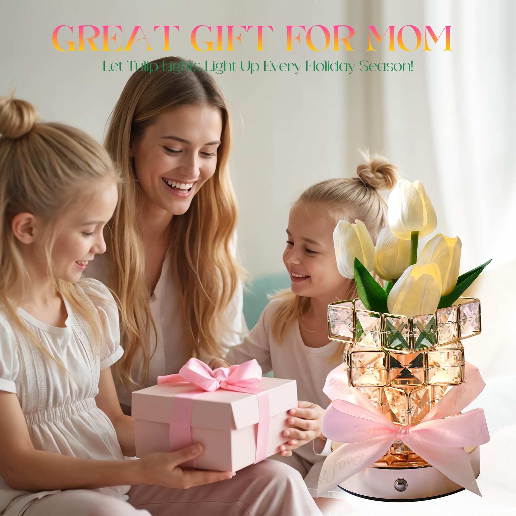 Nuunuy Mother'S Day Gifts For Her, Birthday Gifts For Women,Led Tulip Cordless Night Light Dimmable Crystal Base With Usb Charge
