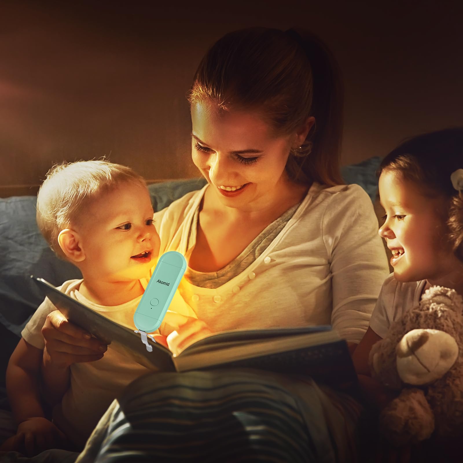 Akomid Clip-on Book Light - USB Rechargeable, 8 LEDs, Eye-Cared Amber Mode, Stepless Dimming, Turquoise, Model Ak-001