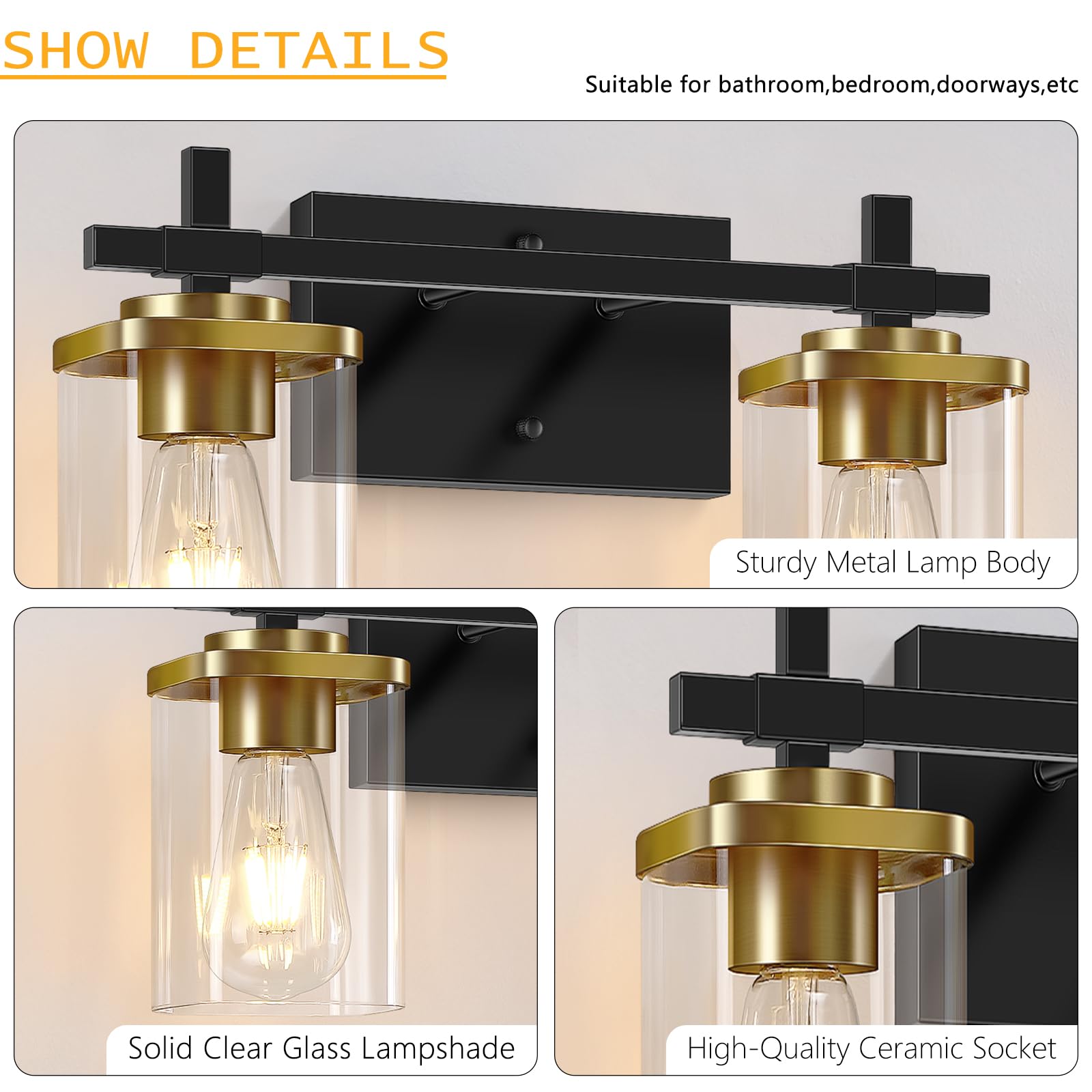 Spiglamm 2-Lights Black And Gold Bathroom Vanity Light, Bathroom Lights Over Mirror With Square Glass Shade And Metal Base, Vani