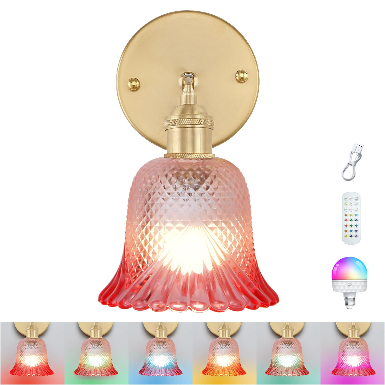 GEEZO Vintage Wall Sconce, Rechargeable Battery Light with Remote Control, Ripple Pink, Model GEEZO-Y-10, 1 Pack