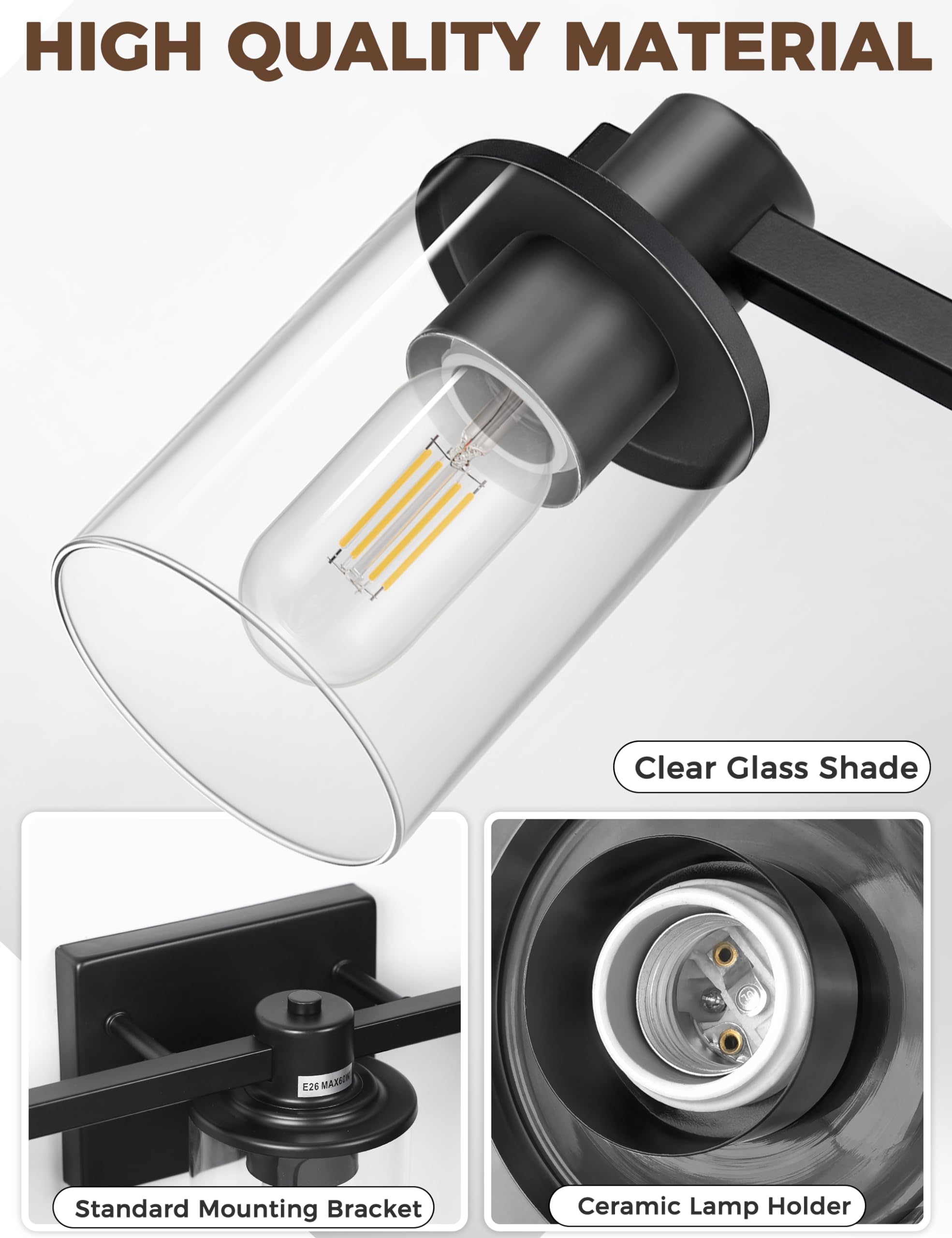 DORESshop 3-Light Bathroom Light Fixtures, Modern Black Vanity Lights with Clear Glass Shade, Model D-JQD07T3BLE26