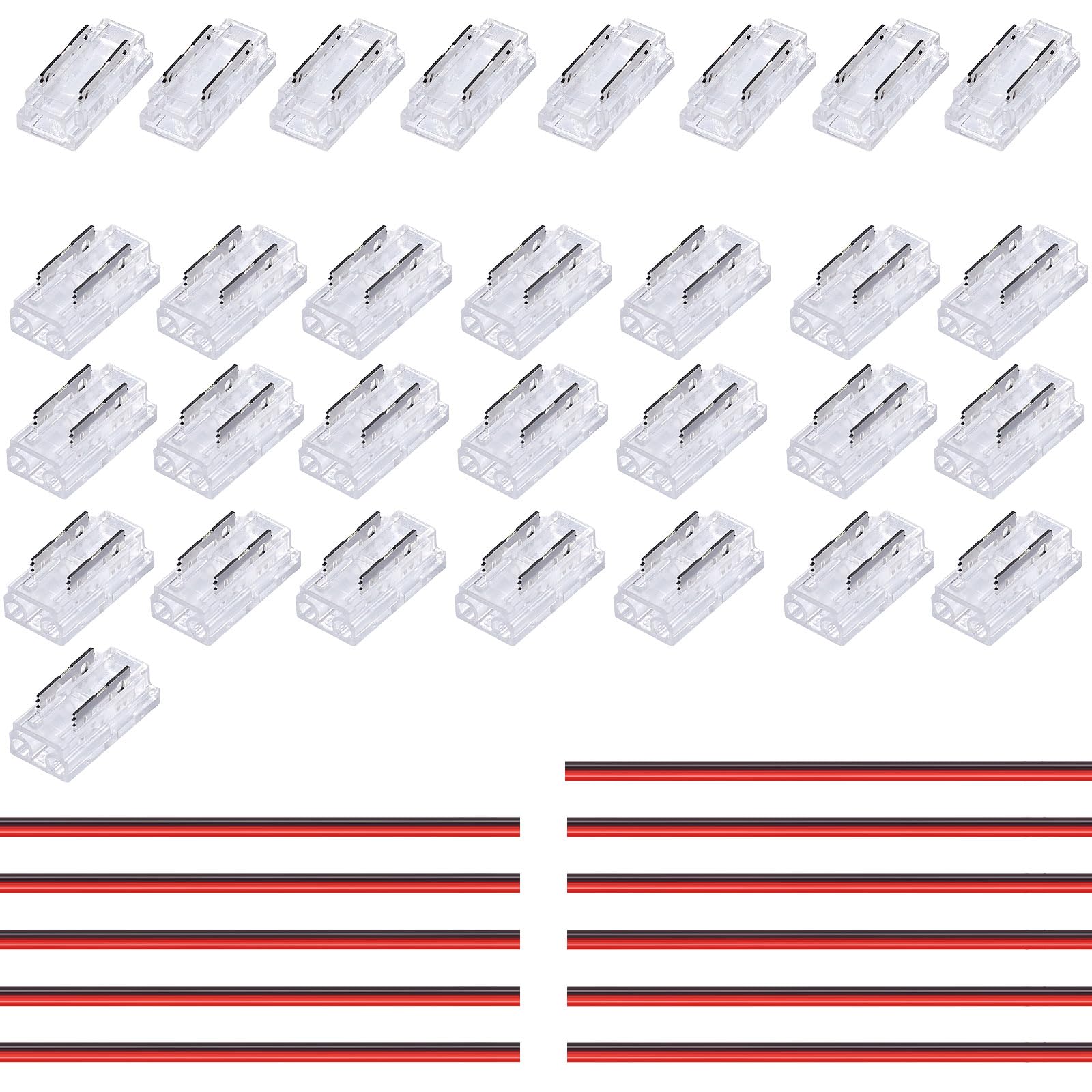TOPAI 2 Pin 5mm COB LED Strip Connectors Transparent Solderless, 8 Pcs Strip to Strip, 22 Pcs Strip to Wire, 11 Pcs 22AWG 15cm/5