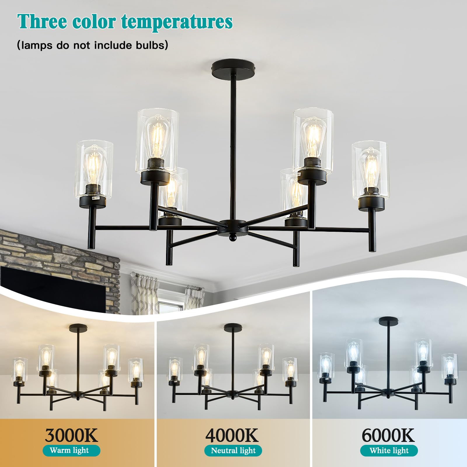 Hesoge Farmhouse Black Chandelier With Glass Vintage 6 Light Hanging Pendant Light Fixture Industrial Iron Ceiling Chandelier Fo