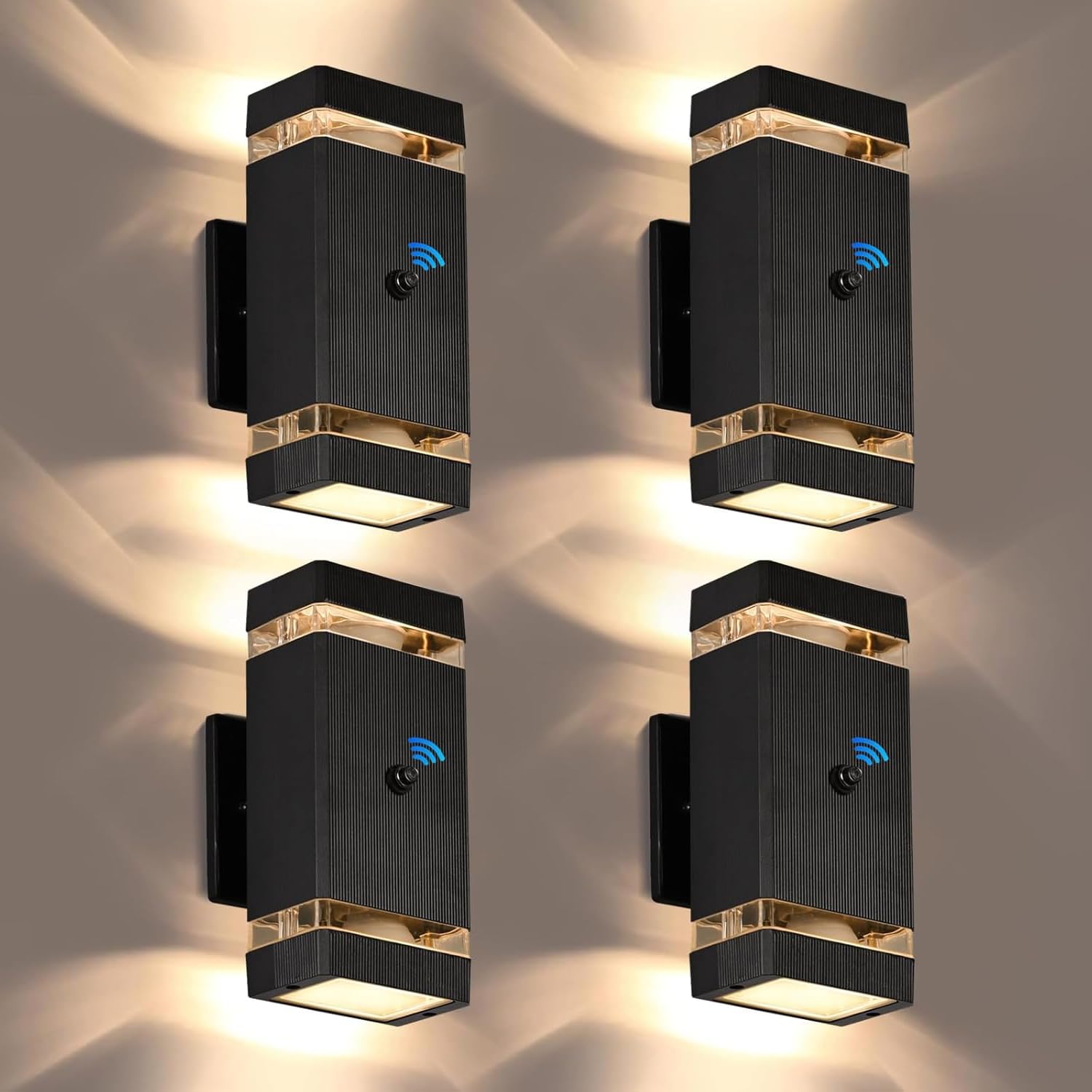 futxnziey Outdoor Wall Lights 4 Packs  Integrated LED Up Down Lights  Modern Black Outdoor Wall Light with Dusk to Dawn Sensor Aluminum Exterior Wall Light for Porch Patio Door