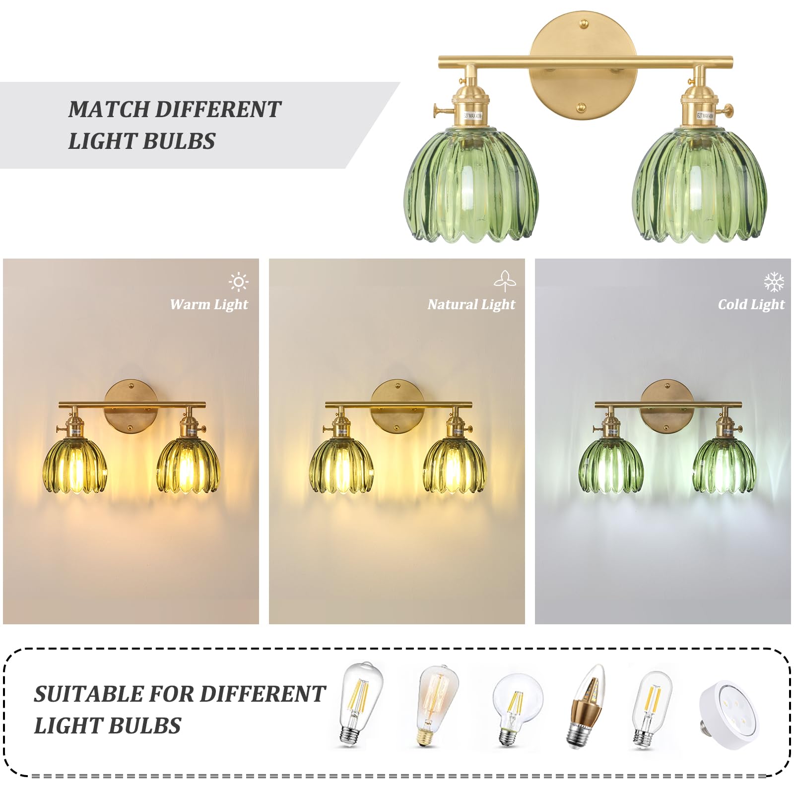 Shenmoyl 2-Light Brass Vanity Wall Light, Green Tulip Glass Shade, Hardwired, Model 1-9325 for Bathroom, Bedroom, Living Room