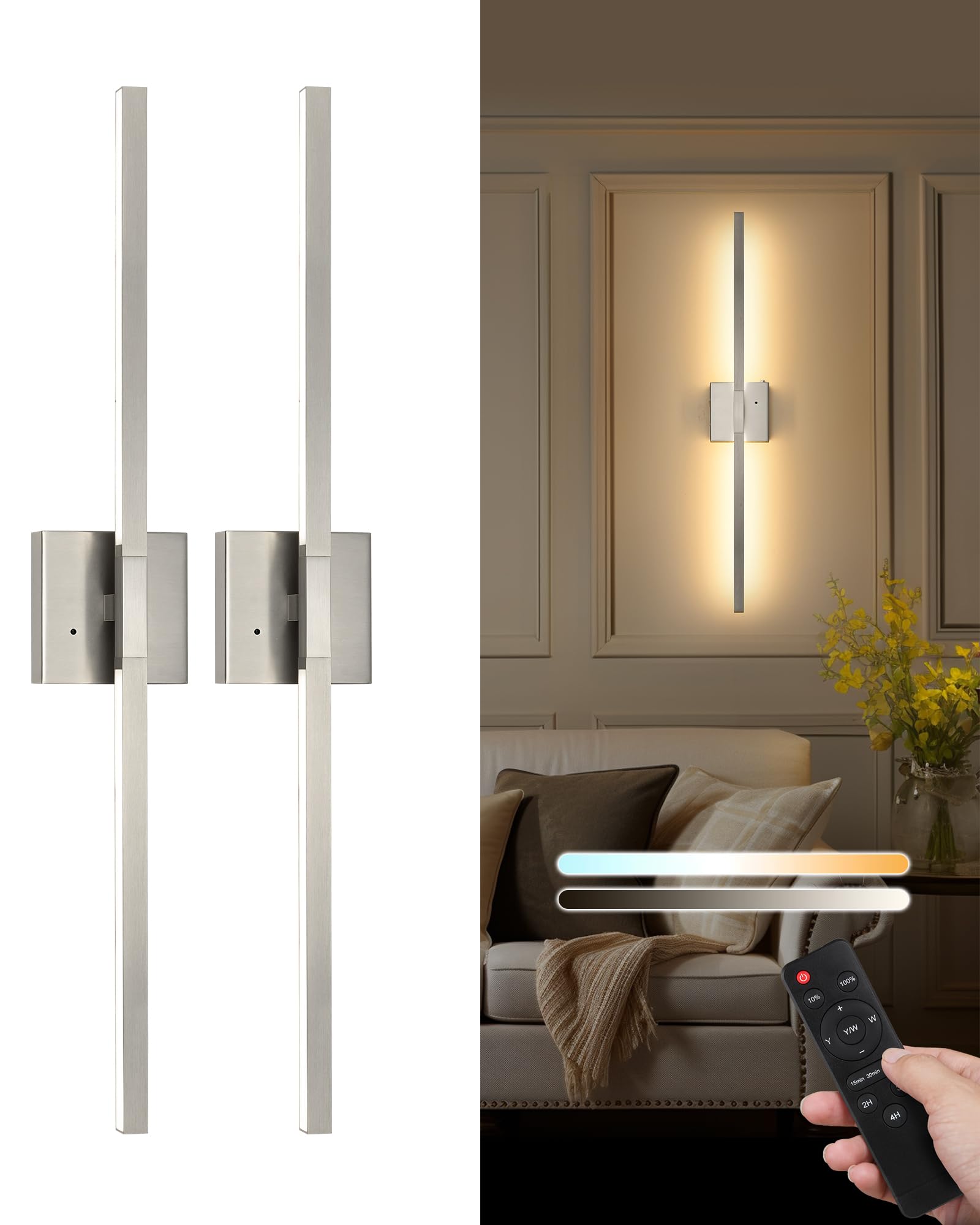 32 Inch Rechargeable Battery Operated Wall Sconce Set of Two, Wireless 3000K/4500K/6000K Dimmable Timer, Remote Touch Control US