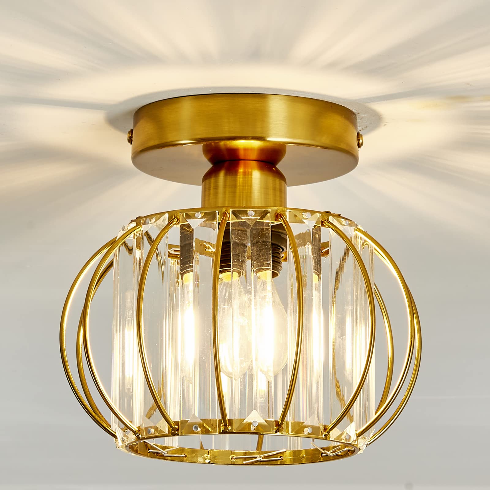 YYJLX Crystal Semi Flush Mount Ceiling Light Fixture E26 Mini Antique Gold Chandelier Small Ceiling Lamp for Entryway Bedroom Ba