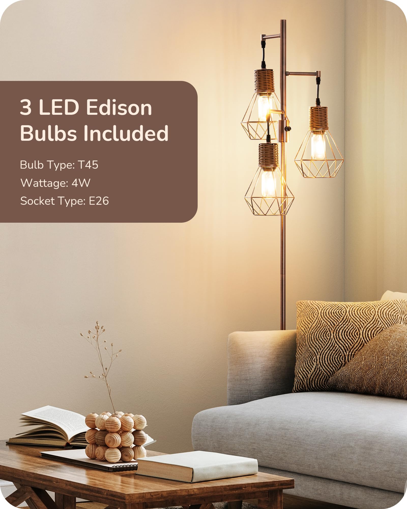 Edishine Farmhouse Floor Lamp Dimmable, Industrial Standing Lamp For Living Room, Diamond-Shaped Cage, Corner Rustic Rattan Tall