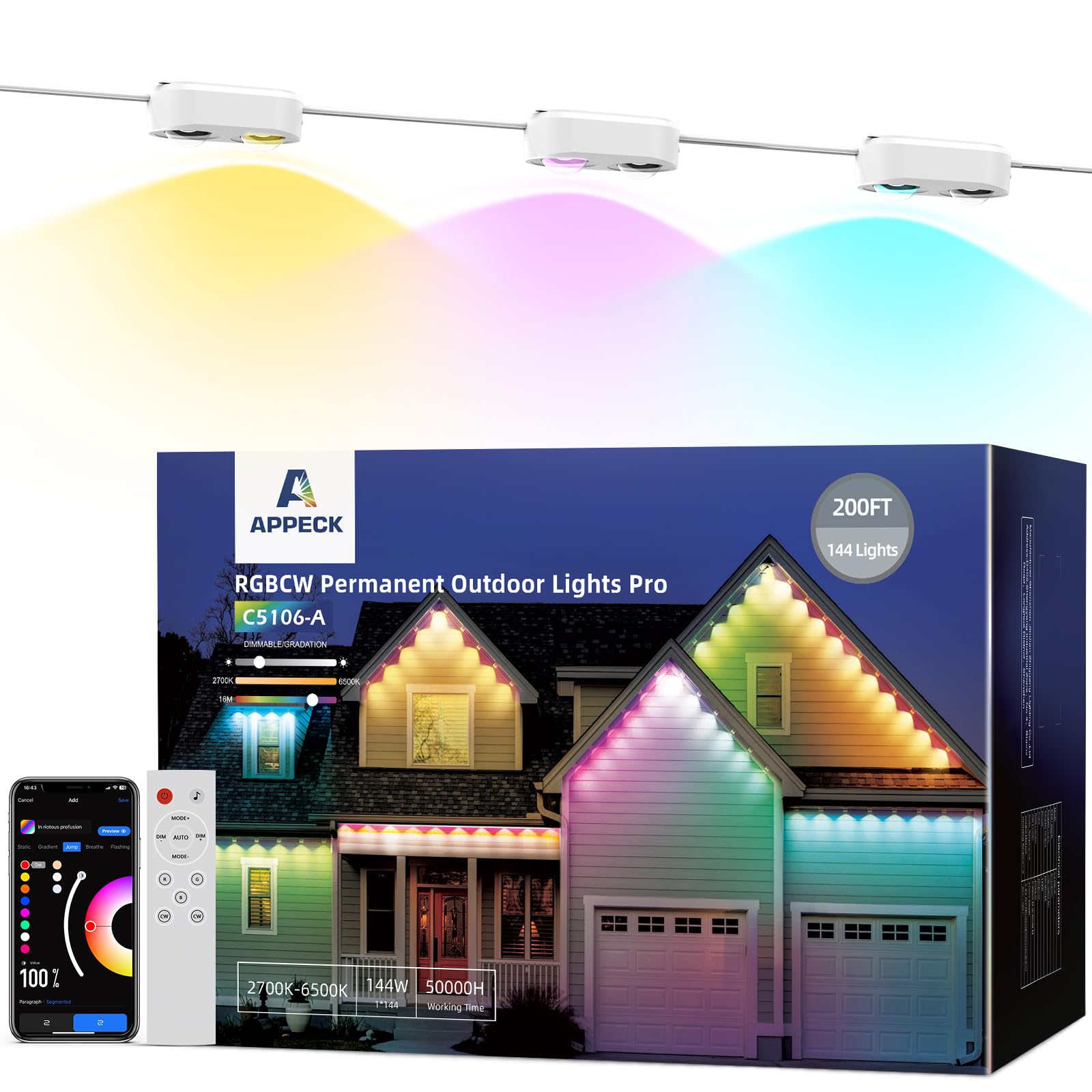 APPECK Permanent Outdoor Lights Pro 200ft, RGBCW Smart Eaves Lights with 144 LED Lights, Dual Lens, Cuttable, 111 Scene Modes, I