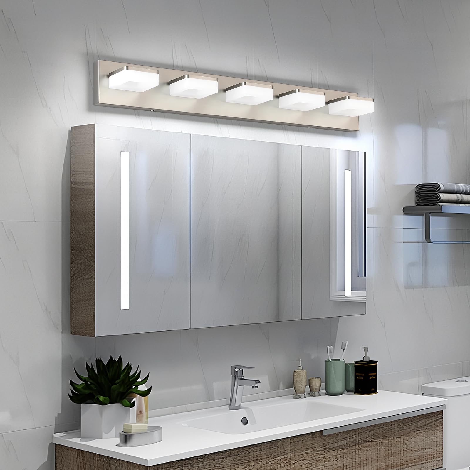Bicrink 5-Light Brushed Nickel Vanity Light Fixture, 32" Modern LED Bath Lighting for Mirror, Model 9811-N-5T