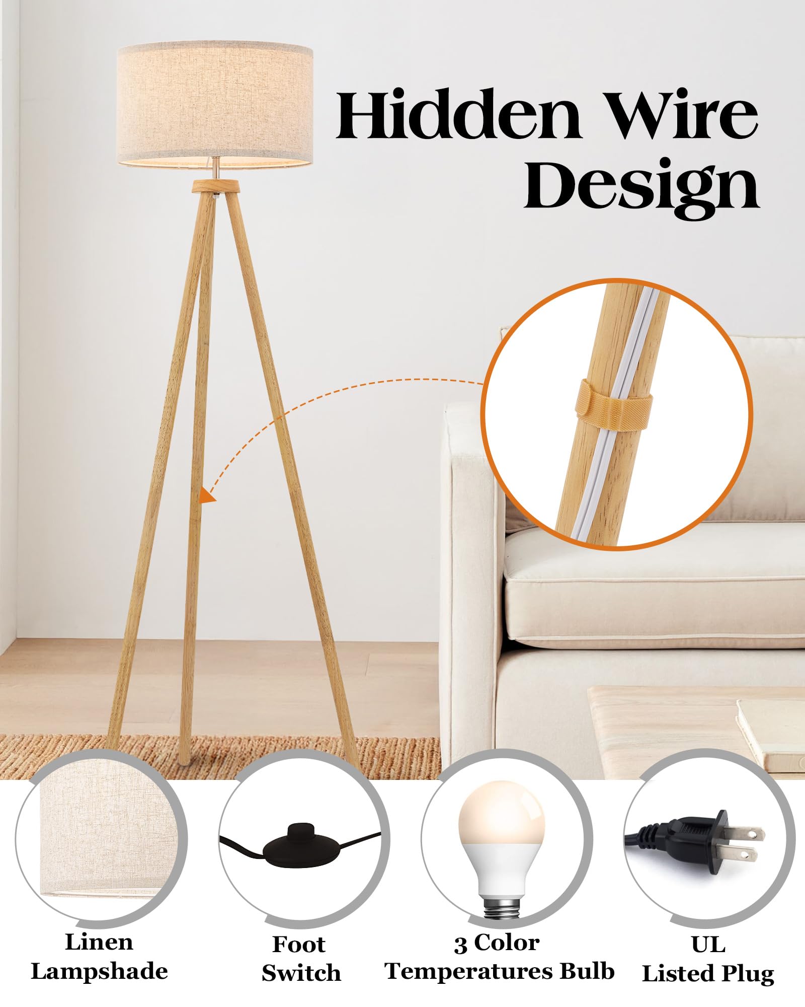 ELYONA Wood Tripod Floor Lamp - Nordic Design, 3 Color Temperatures, Beige Linen Shade, Natural Wood, Model UF1101-NAT