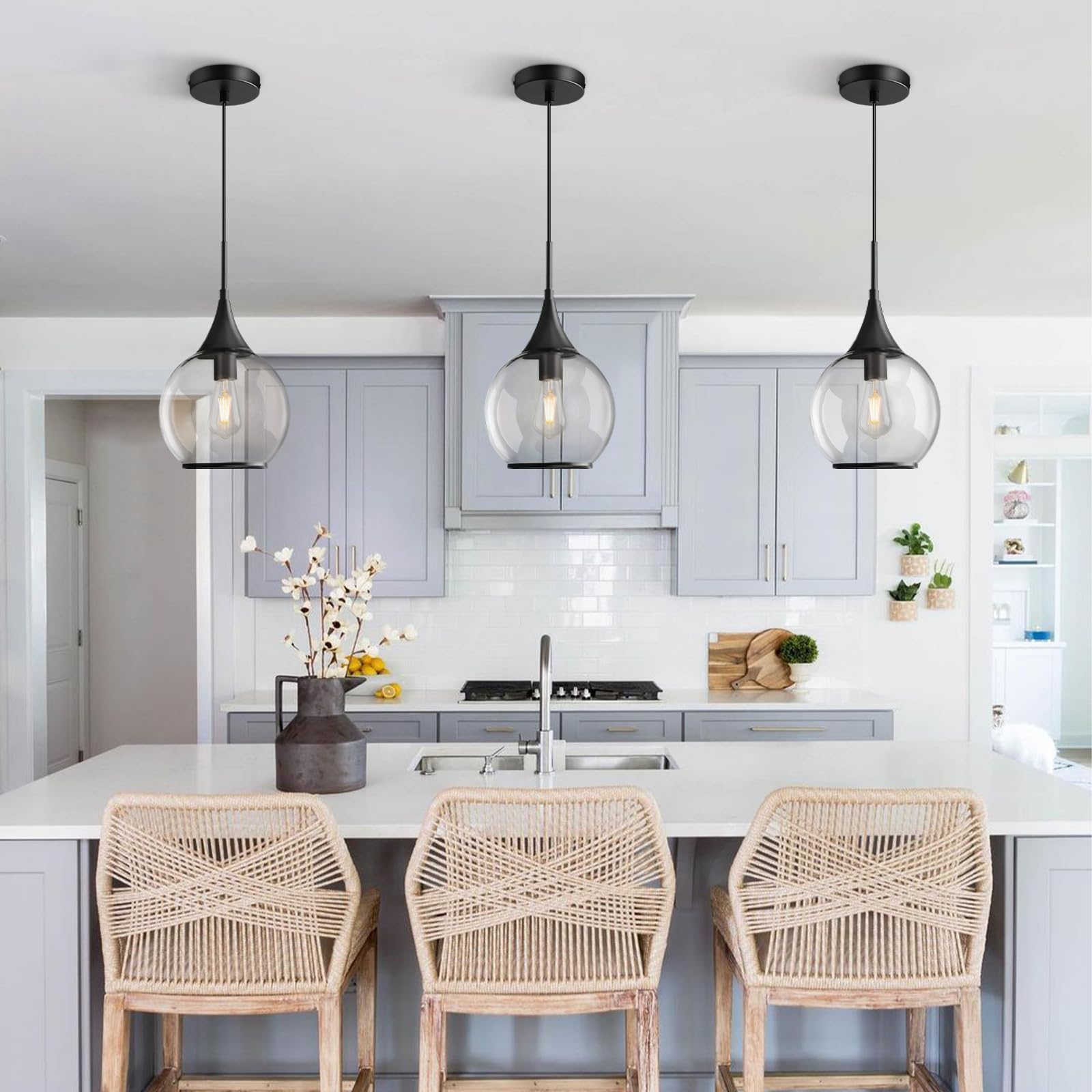 Hahzt Pendant Lights Kitchen Island: 3 Pack Black Light Fixture Modern With Clear Glass - 10 Inch Mid Century Globe Kitchen Ligh
