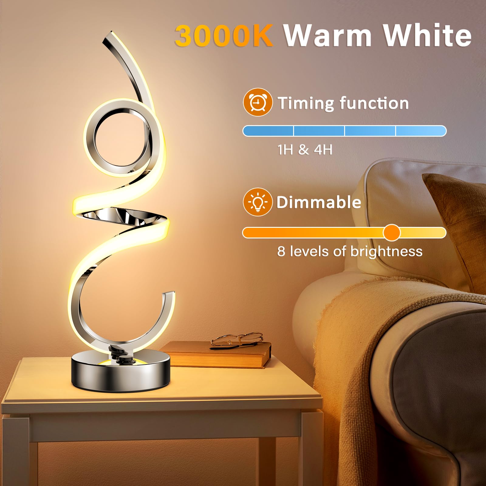 Wefomey Modern Spiral LED Table Lamp - Color Changing, Dimmable, Rechargeable Nightstand Light - Silver, Model WF-CLTL-02