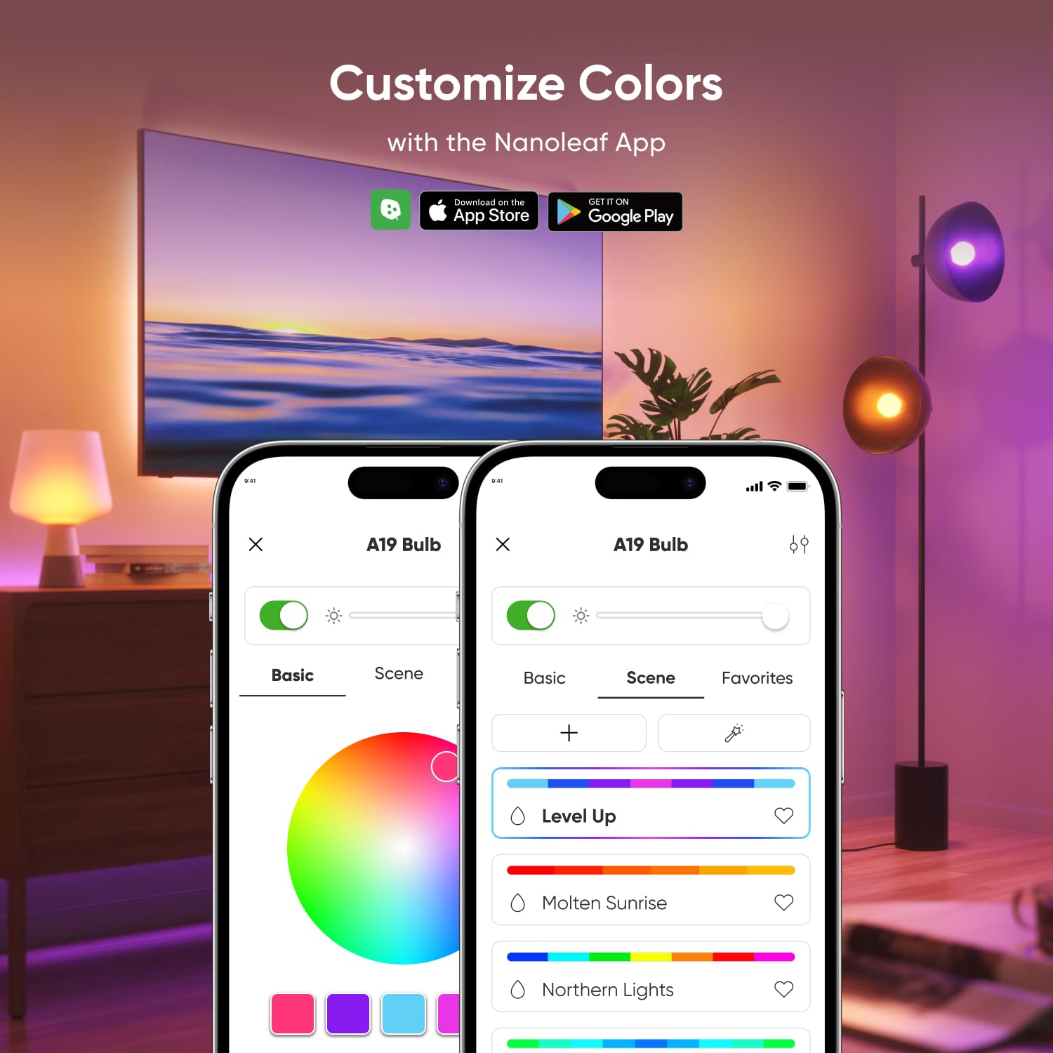 Nanoleaf Essentials Smart LED Bulbs, 4 Pack, Multicolor, 1000lm, Matter Compatible, A19 E26, Music Sync, WiFi/Bluetooth