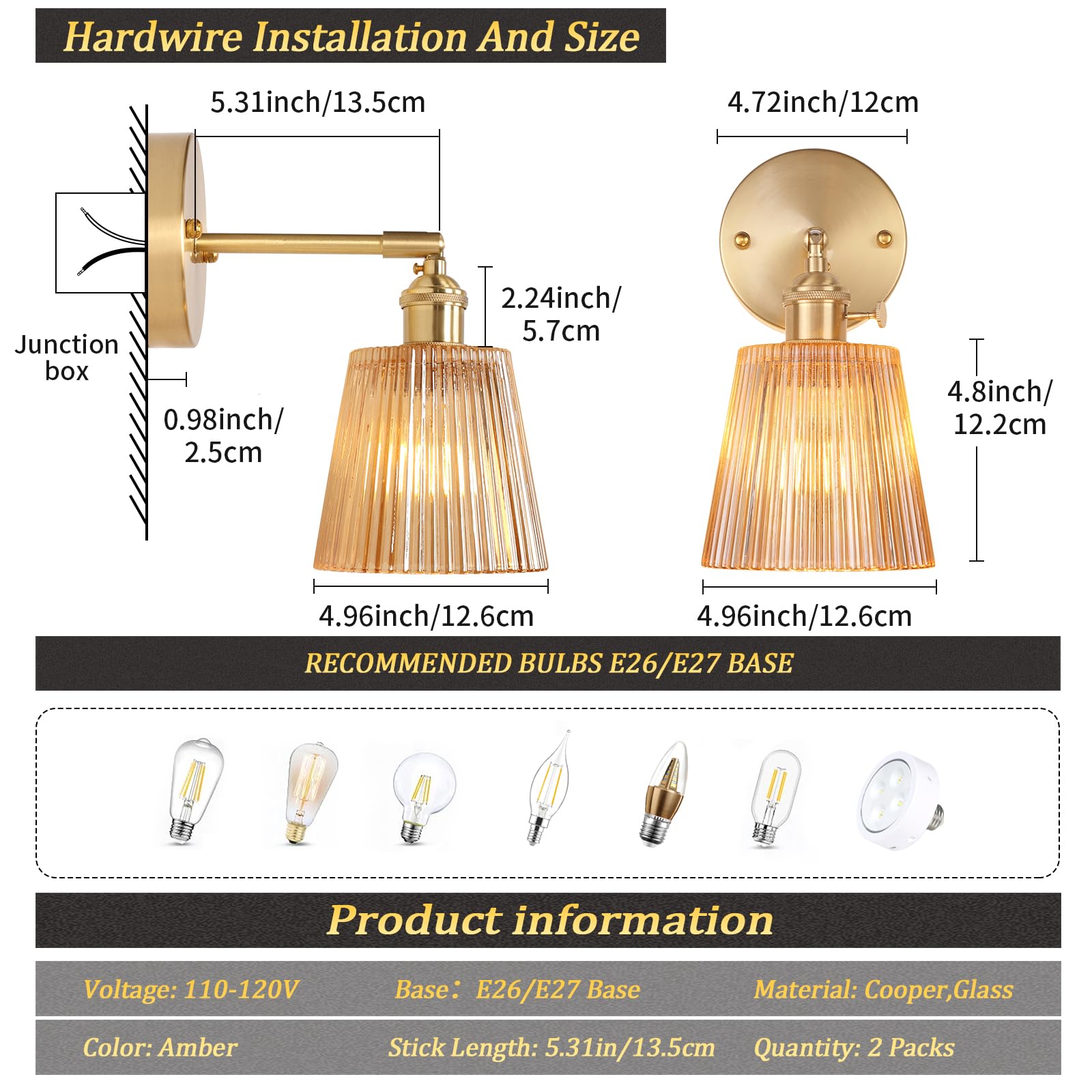 Shenmoyl Vintage Wall Sconces Set of 2, Amber Stripe Glass, 180° Adjustable, Hardwired Brass Lighting Fixture for Bedroom or Doorway
