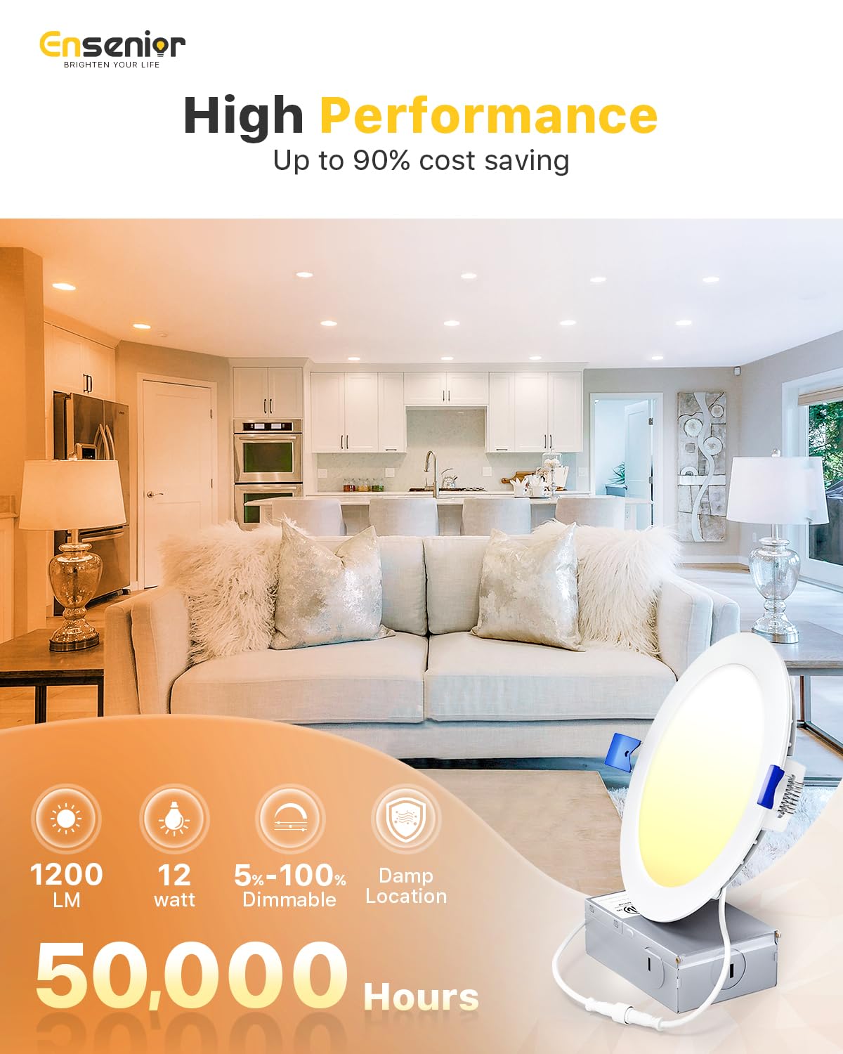 Ensenior 6 Inch LED Recessed Ceiling Light, Dimmable 3000K Warm White, 1050LM, Aluminum, 12 Pack, Model 6I-3000