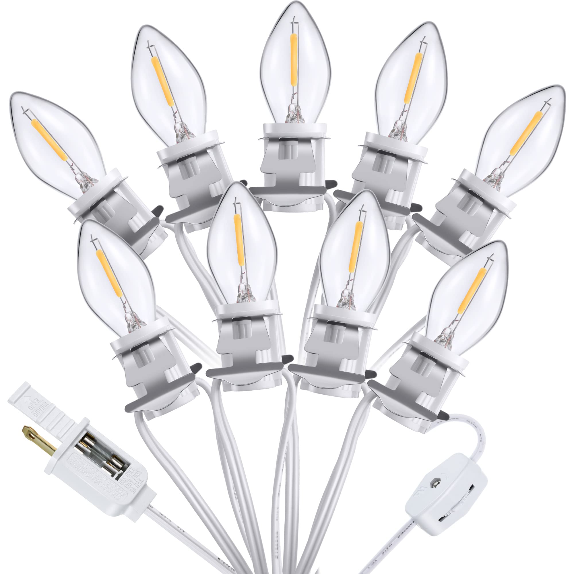 Meonum 9 Led C7 Christmas Village Light Cord With Switch & Spare Fuses - White Plastic