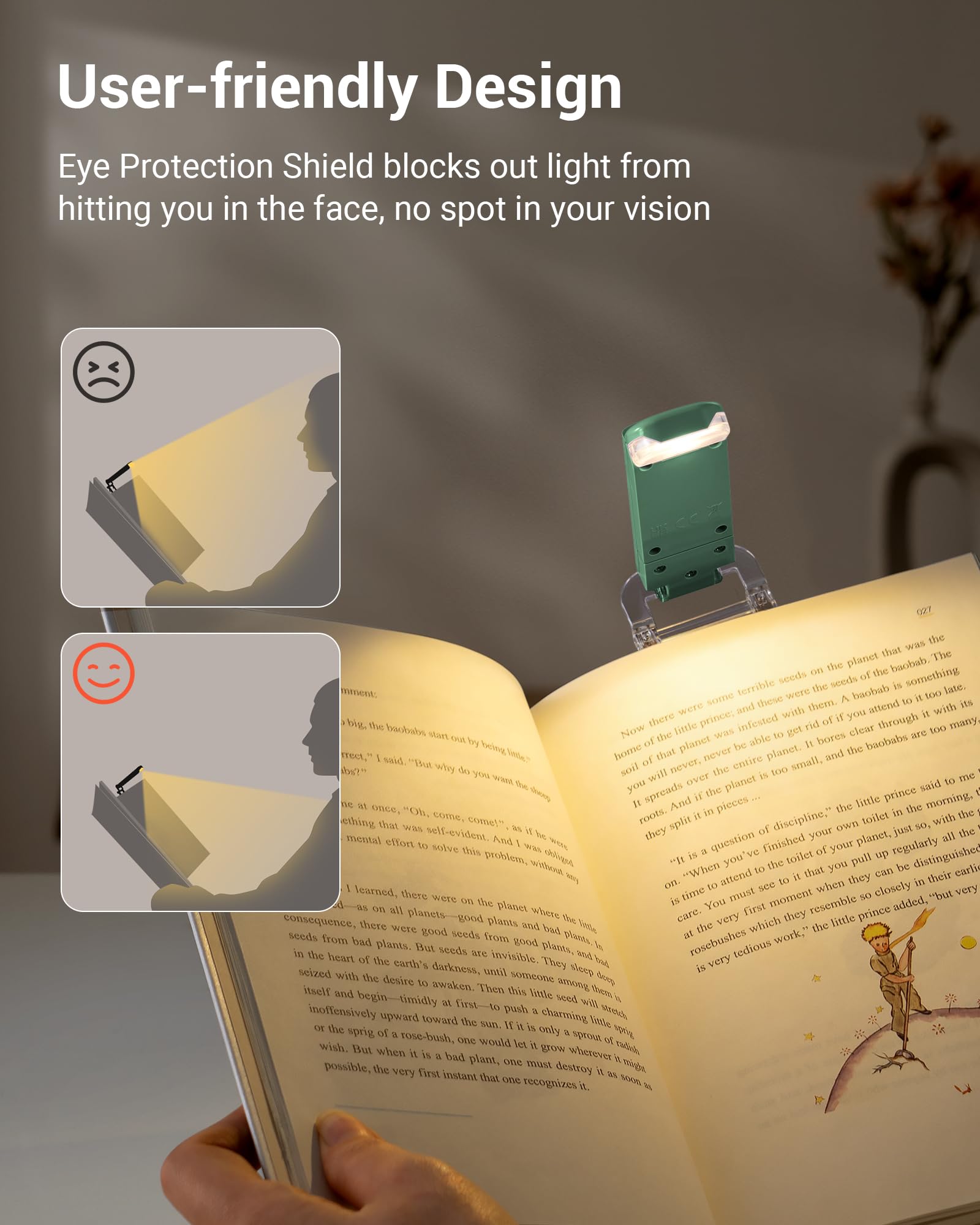 DEWENWILS USB Rechargeable Book Reading Light, LED Clip-on, 4 Brightness Levels, Dark Green, Model IT-008
