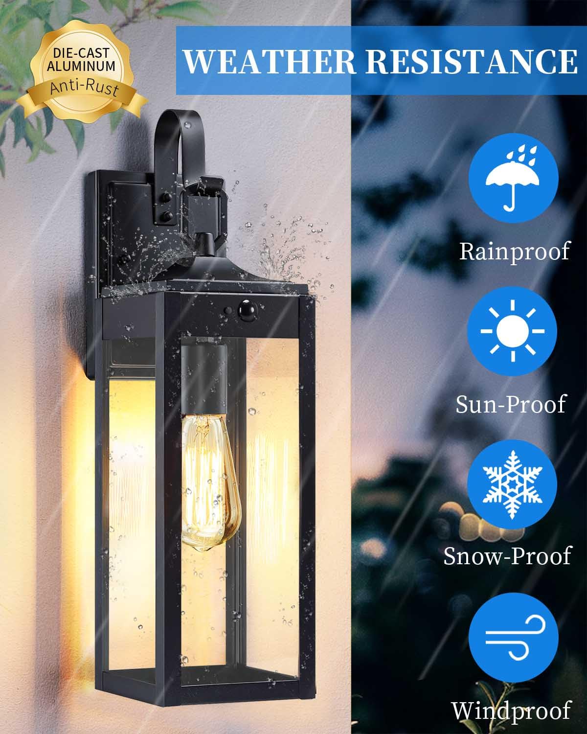 MYHXQ 18'' Motion Sensor Outdoor Lights - Black Metal Wall Sconces, Dusk to Dawn, 2 Pack, Modern Design for Porch and Garage